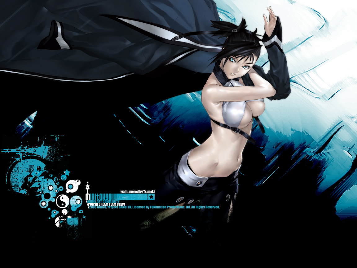 bakuretsu_tenshi, black_hair, blue_eyes, breasts, cleavage, hakua_ugetsu, navel, sei, underboob, watermark