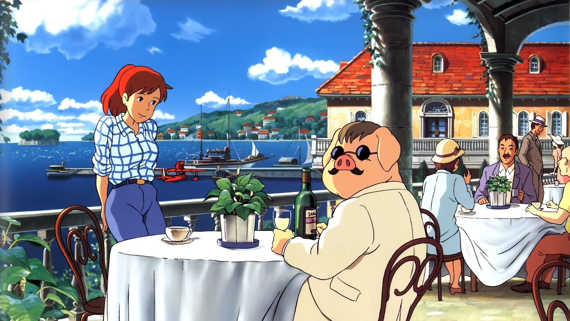 aircraft, boat, building, clouds, drink, fio_piccolo, ghibli, porco_rosso, porco_rosso_(character), sky, sunglasses, water