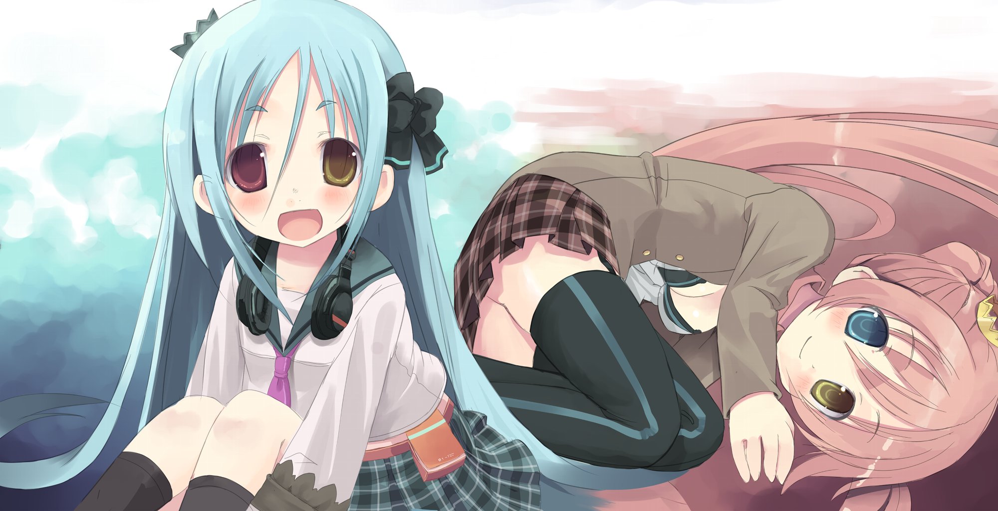 2girls, bicolored_eyes, breasts, cleavage, headphones, loli, original, school_uniform