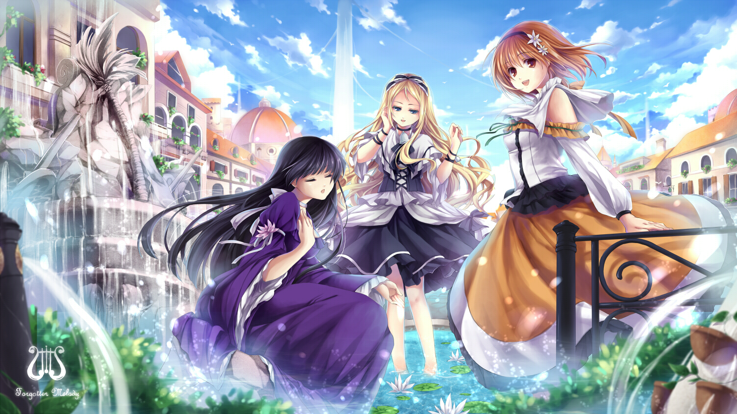 black_hair, blonde_hair, blue_eyes, brown_eyes, brown_hair, building, cagalin, choker, clouds, dress, eternita, hagiwara_rin, headband, long_hair, priscilla_(eternita), sairalinde, water