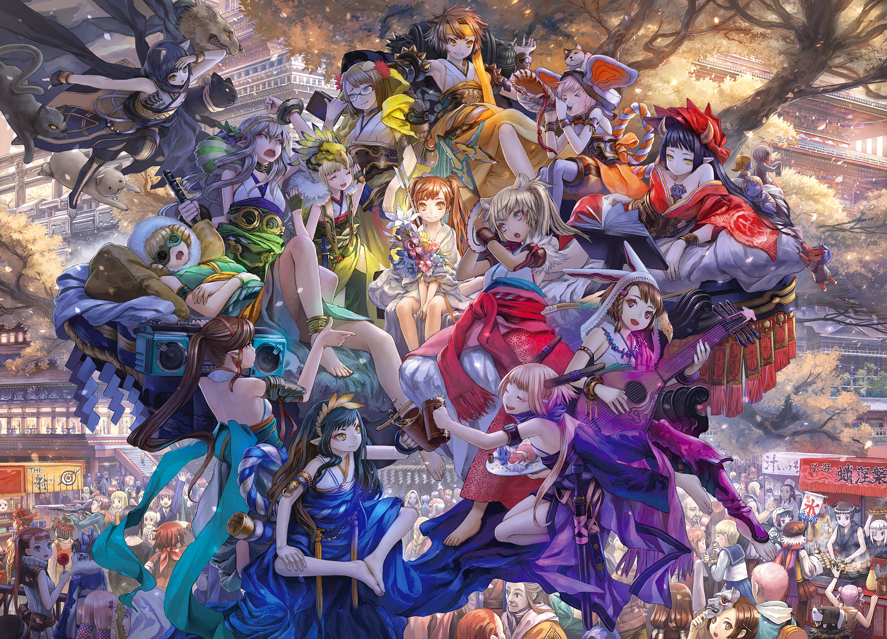 animal, animal_ears, barefoot, black_eyes, black_hair, blonde_hair, blue_eyes, book, braids, brown_hair, bunny_ears, bunnygirl, cat, catgirl, dog, doggirl, drink, flowers, food, glasses, goggles, gray_eyes, gray_hair, green_eyes, group, guitar, headphones, horns, instrument, japanese_clothes, kimono, loli, long_hair, masakichi, mask, music, orange_eyes, original, petals, pink_hair, pointed_ears, ponytail, purple_hair, red_eyes, red_hair, ribbons, sake, scarf, school_uniform, short_hair, sleeping, tail, tree, twintails, weapon, white_hair, yellow_eyes