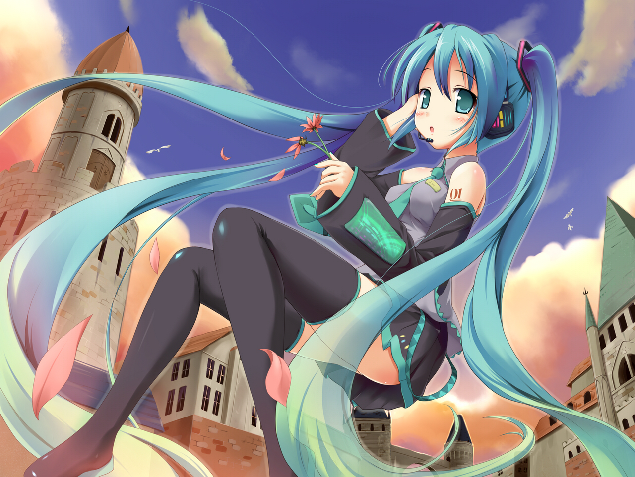 aqua_eyes, aqua_hair, blush, hatsune_miku, kotobamaru, long_hair, skirt, thighhighs