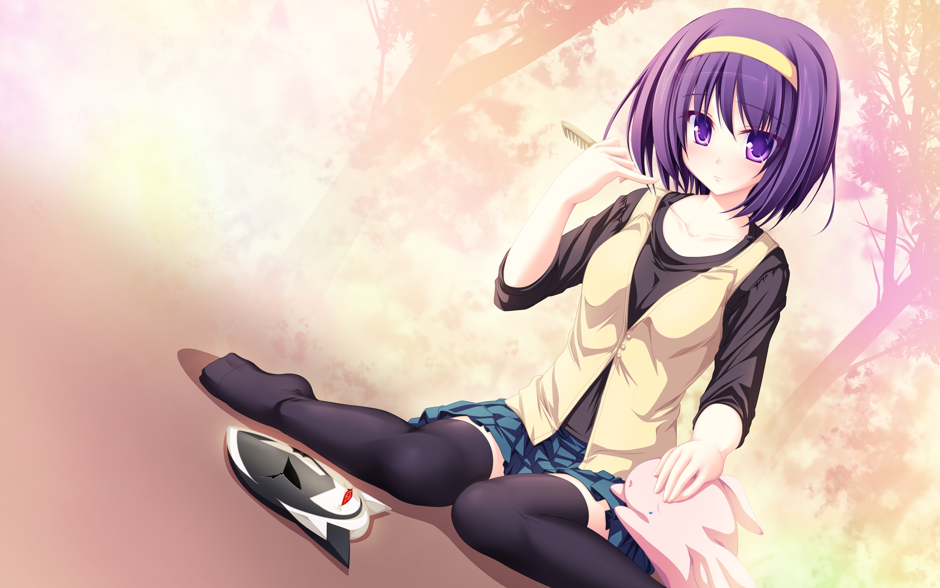 77, moribe_chikage, purple_eyes, purple_hair, short_hair, skirt, thighhighs, whirlpool, zettai_ryouiki