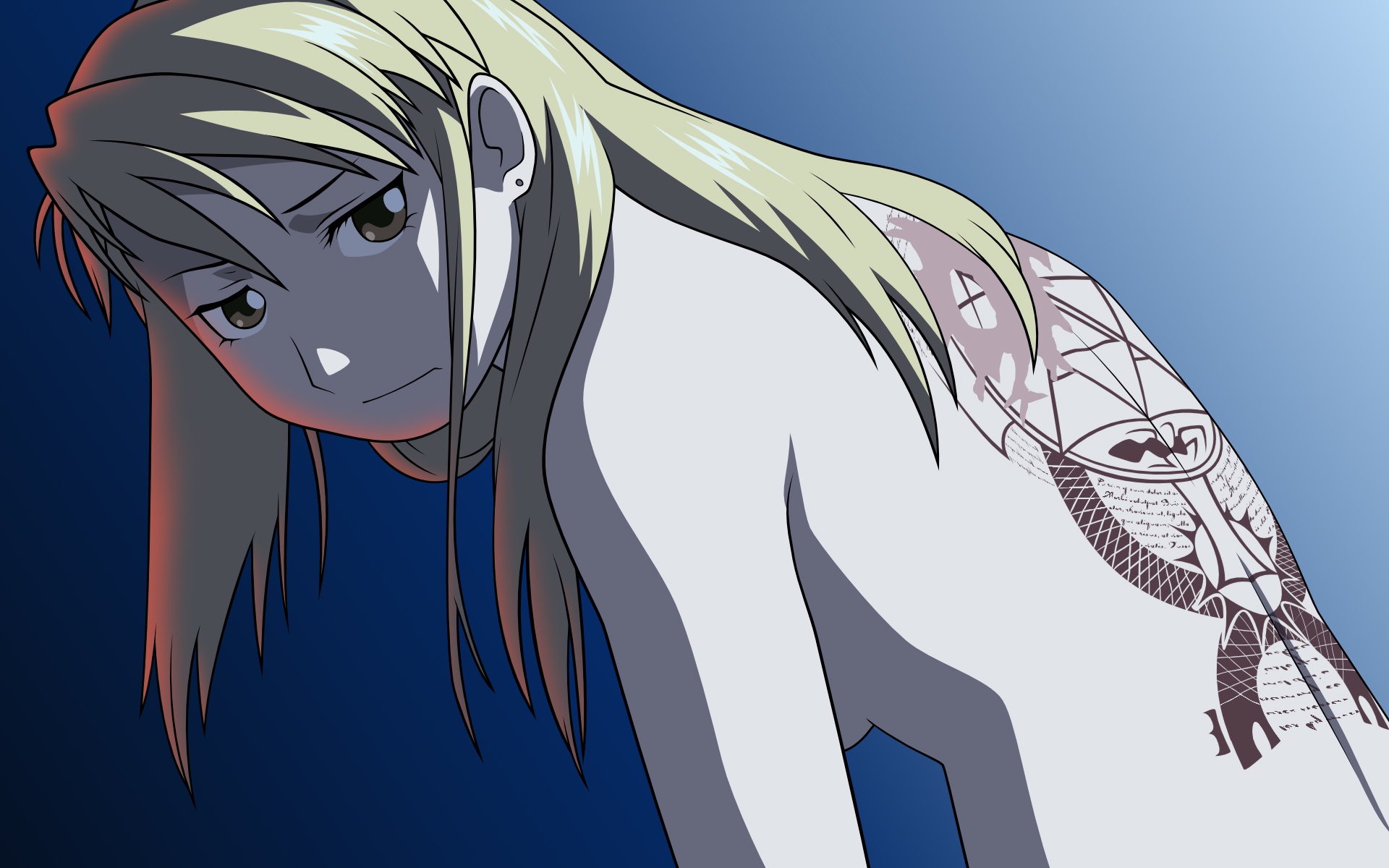 blonde_hair, fullmetal_alchemist, nude, riza_hawkeye, tattoo, vector