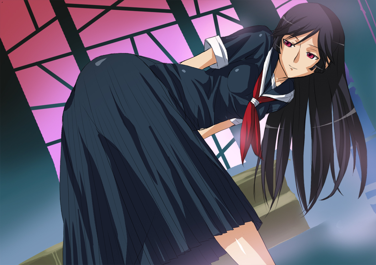 black_hair, fura, kaibutsu_oujo, kamura_reiri, red_eyes, school_uniform