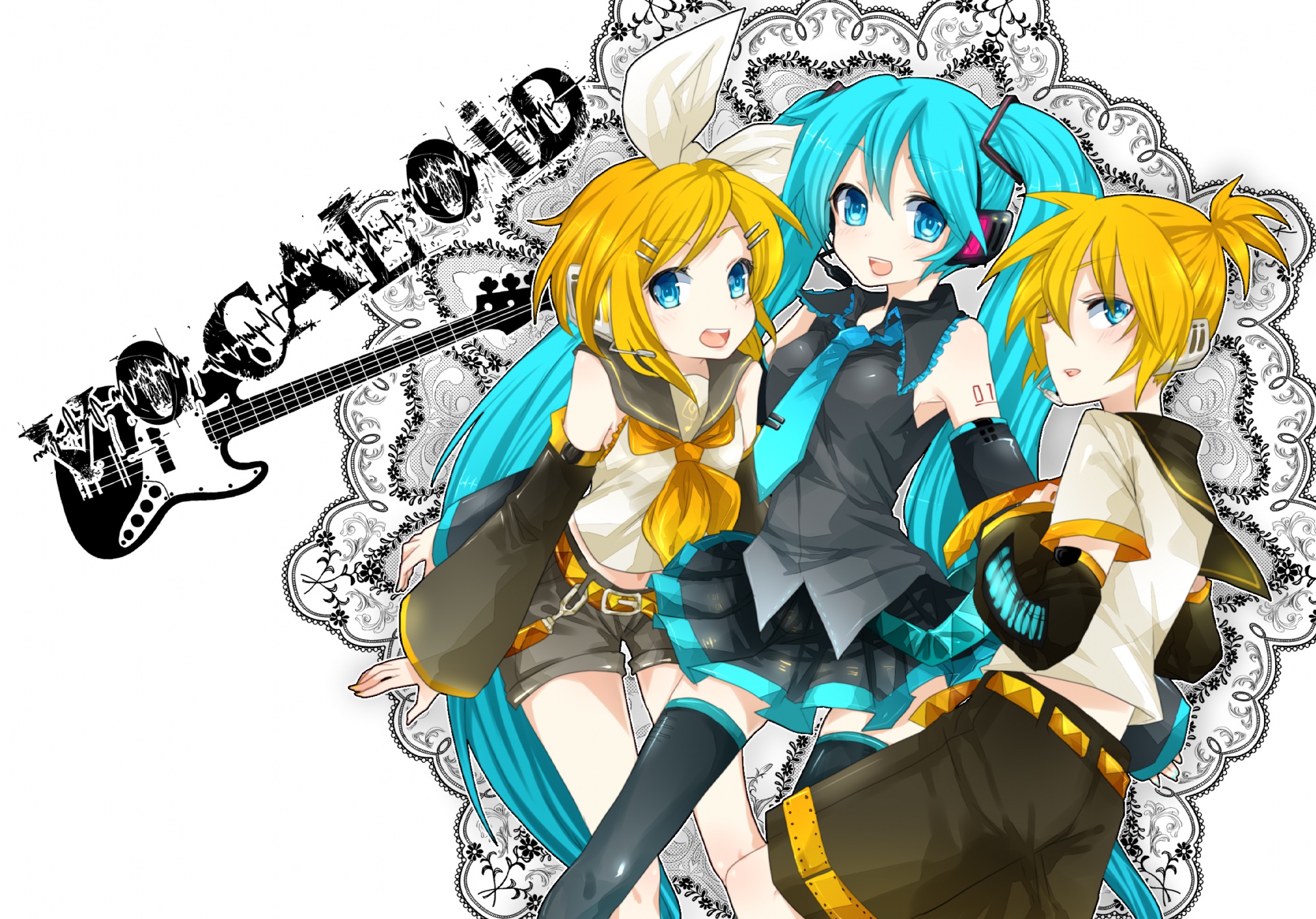 hatsune_miku, kagamine_len, kagamine_rin, male, tentani, vocaloid, white