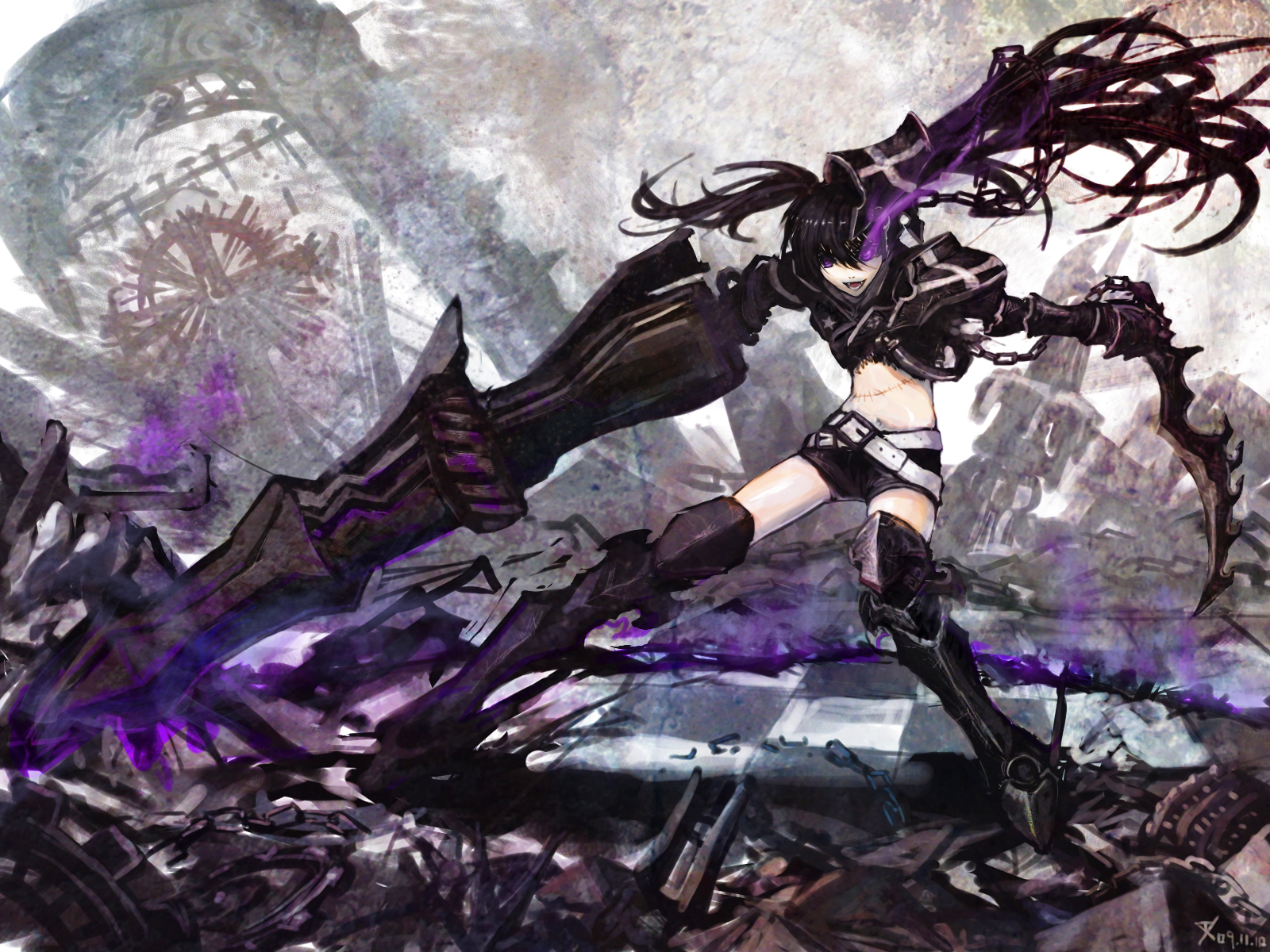 black_rock_shooter, gun, insane_black_rock_shooter, m874, scar, sword, weapon