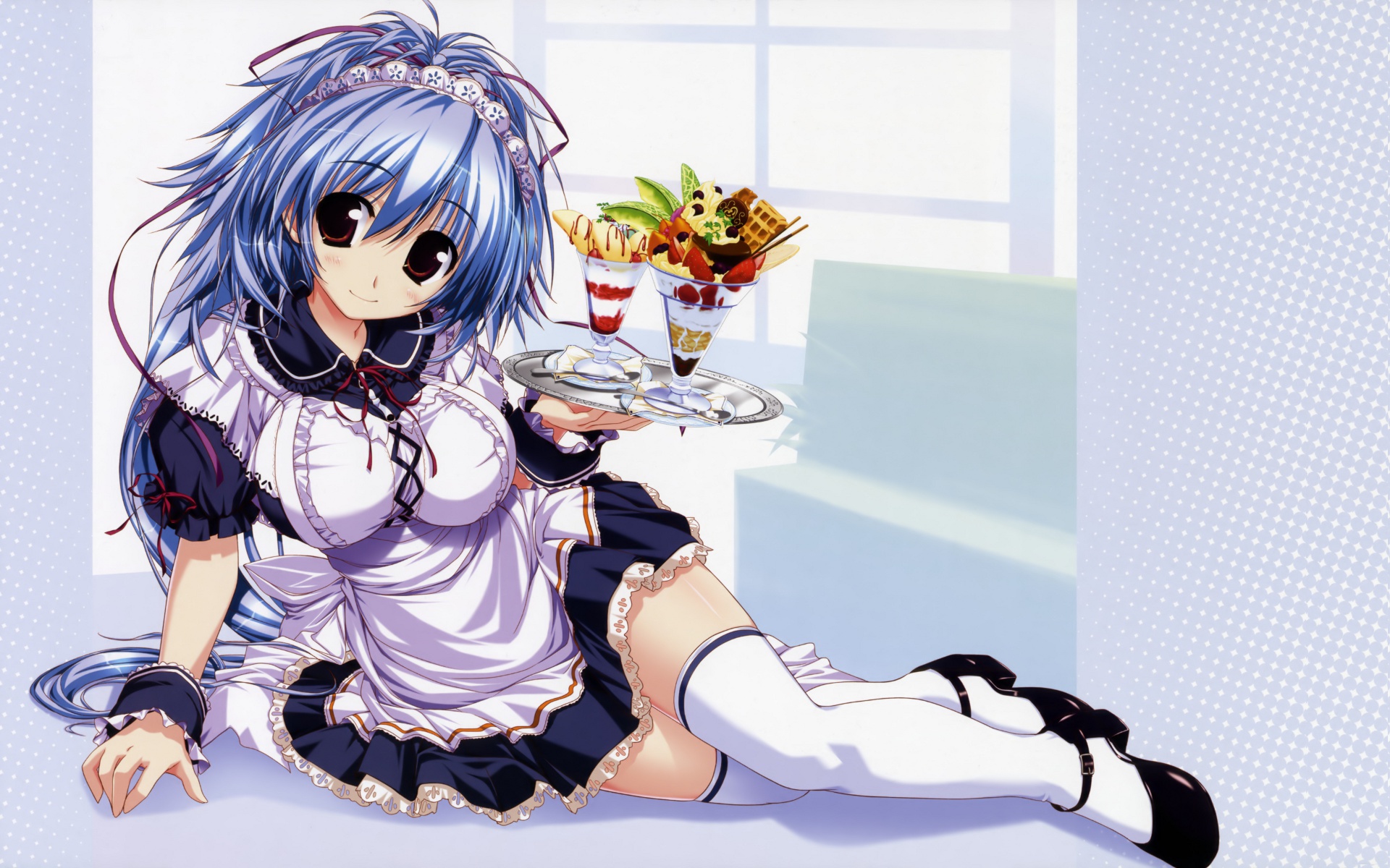blue_hair, brown_eyes, clochette, long_hair, mitsumine_minato, oshiki_hitoshi, ponytail, suzunone_seven, thighhighs, waitress