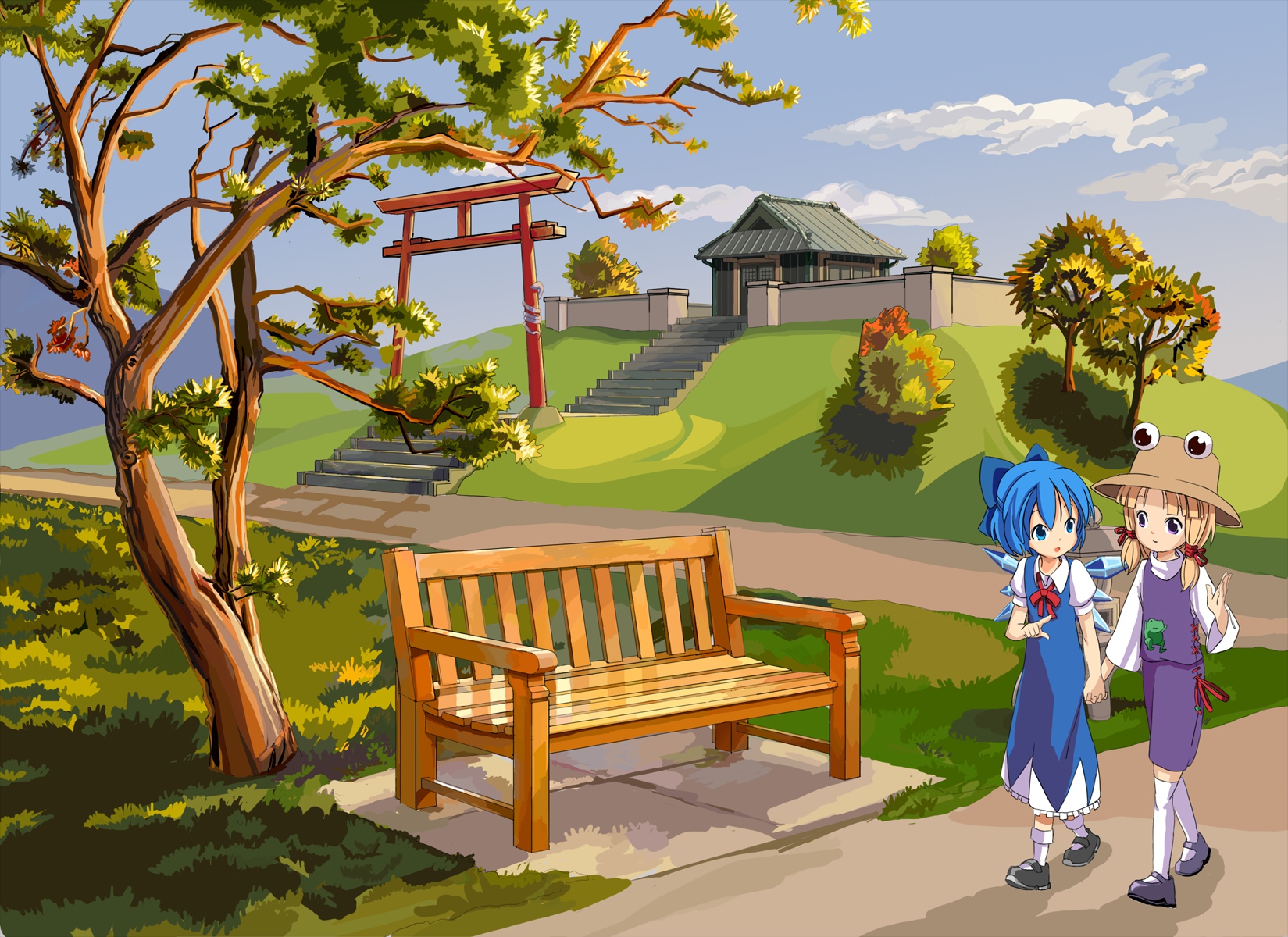 2girls, blue_hair, cirno, dress, fairy, hat, moriya_suwako, sixten, touhou, tree, wings