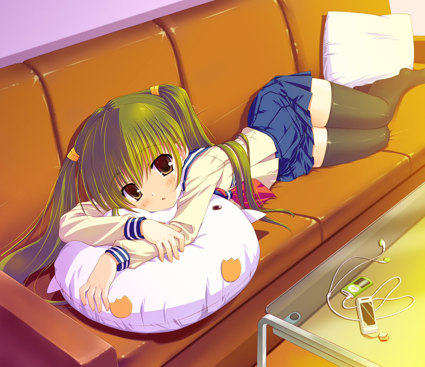 brown_eyes, green_hair, headphones, ipod, original, saitou_tsukasa, thighhighs, twintails, zettai_ryouiki