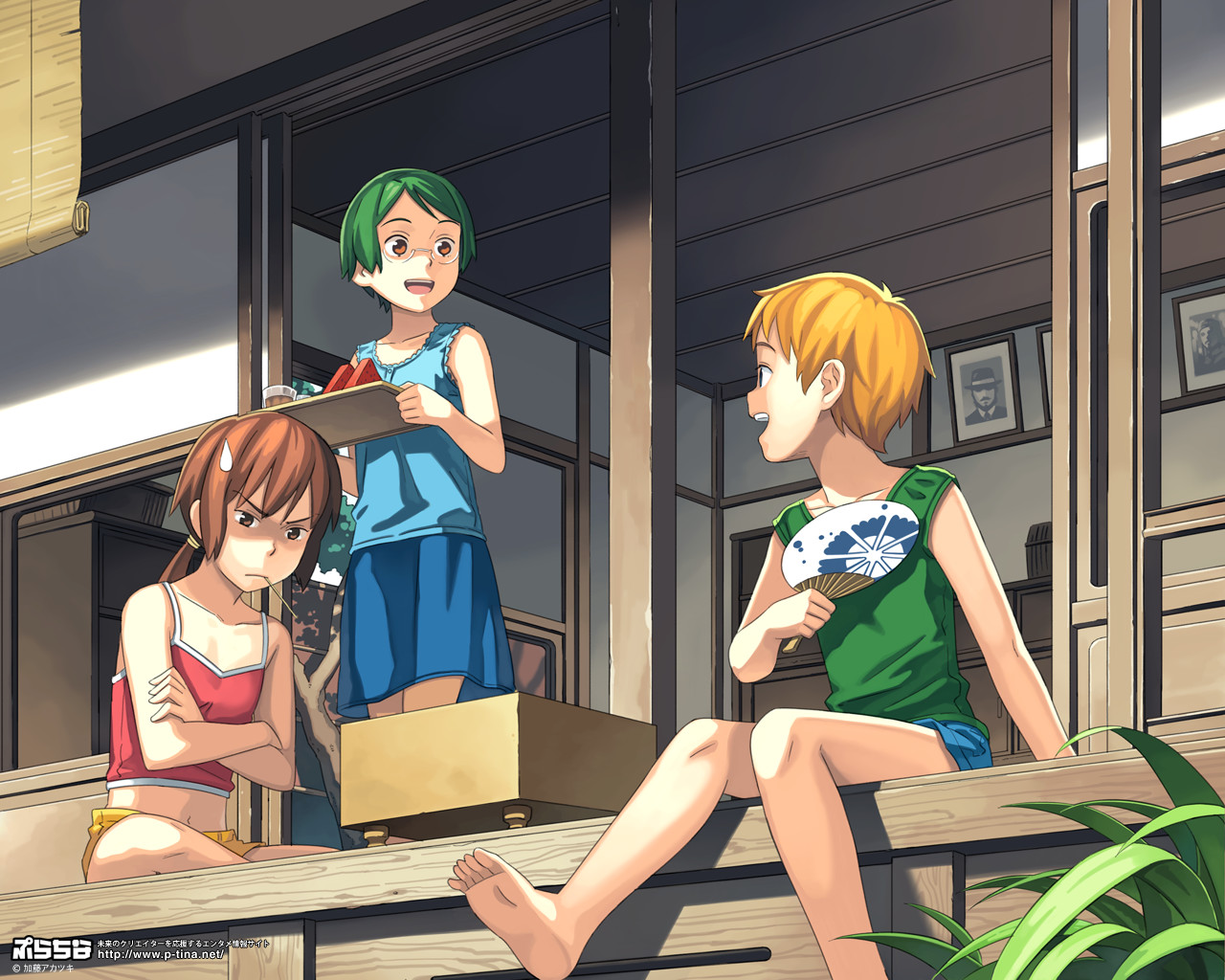 barefoot, blonde_hair, brown_hair, fan, food, fruit, glasses, green_hair