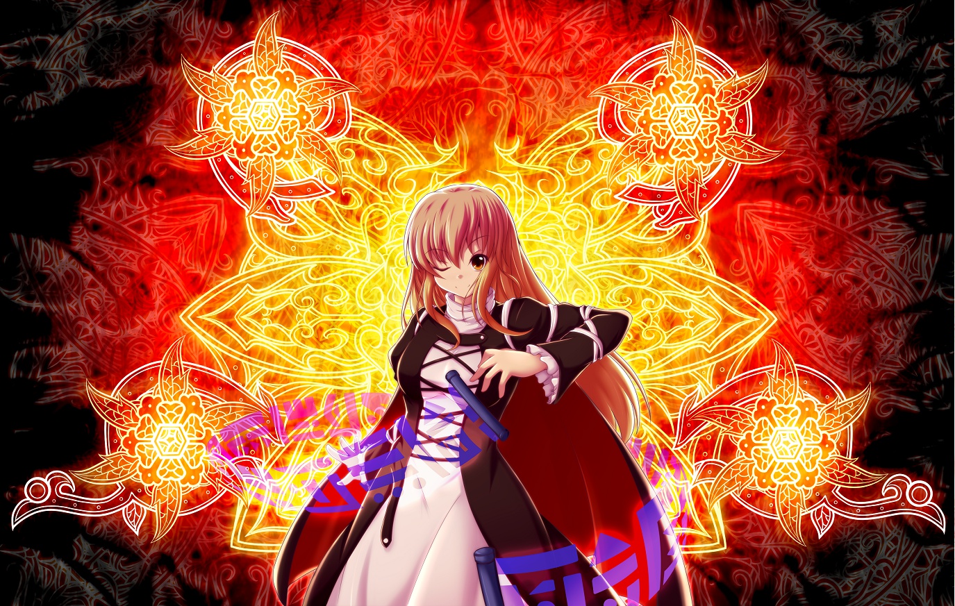 brown_hair, cape, dress, foferozze, hijiri_byakuren, long_hair, magic, orange_eyes, touhou, wink