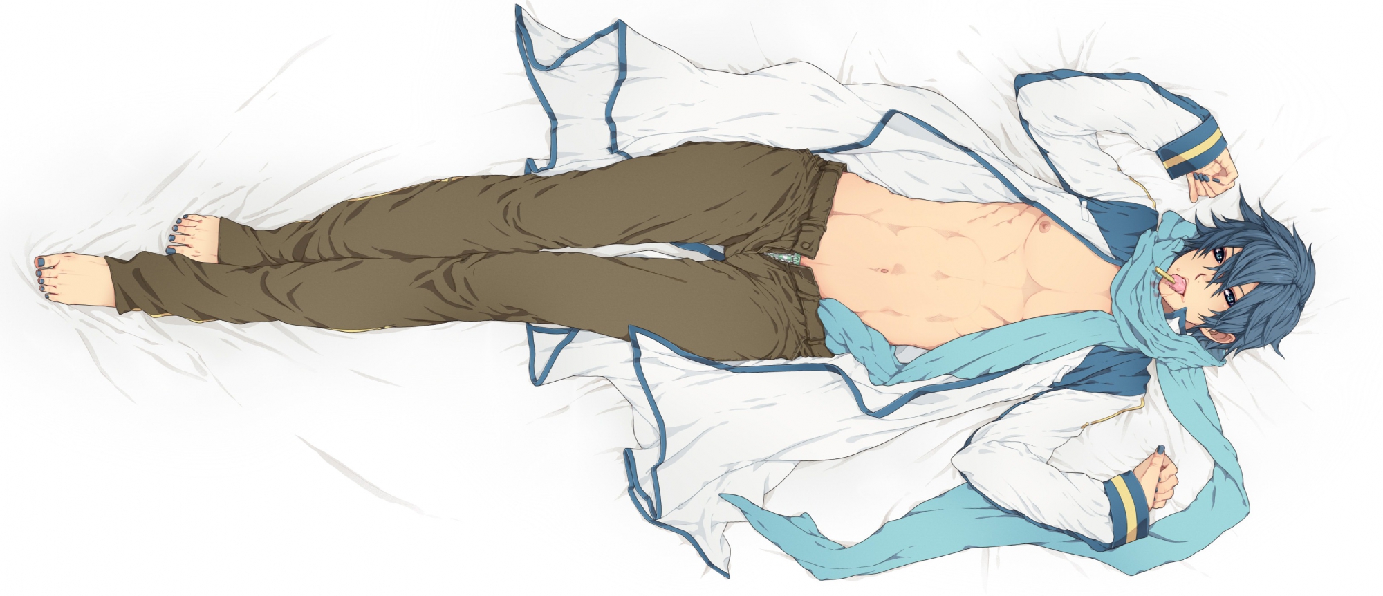 all_male, barefoot, bed, blue_eyes, blue_hair, kaito, male, navel