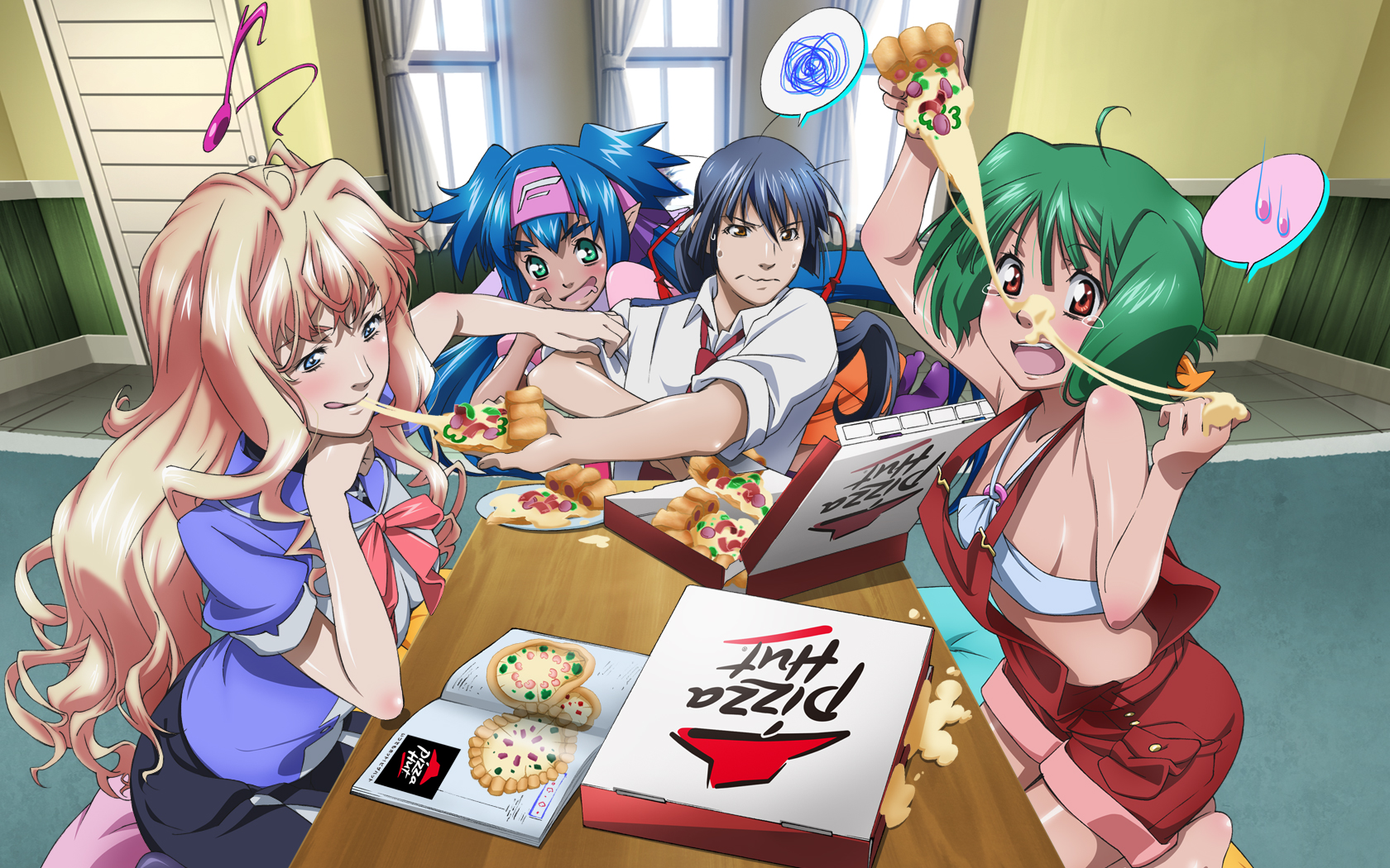 food, group, klan_klan, macross, macross_frontier, male, pizza, pointed_ears, ranka_lee, saotome_alto, sheryl_nome