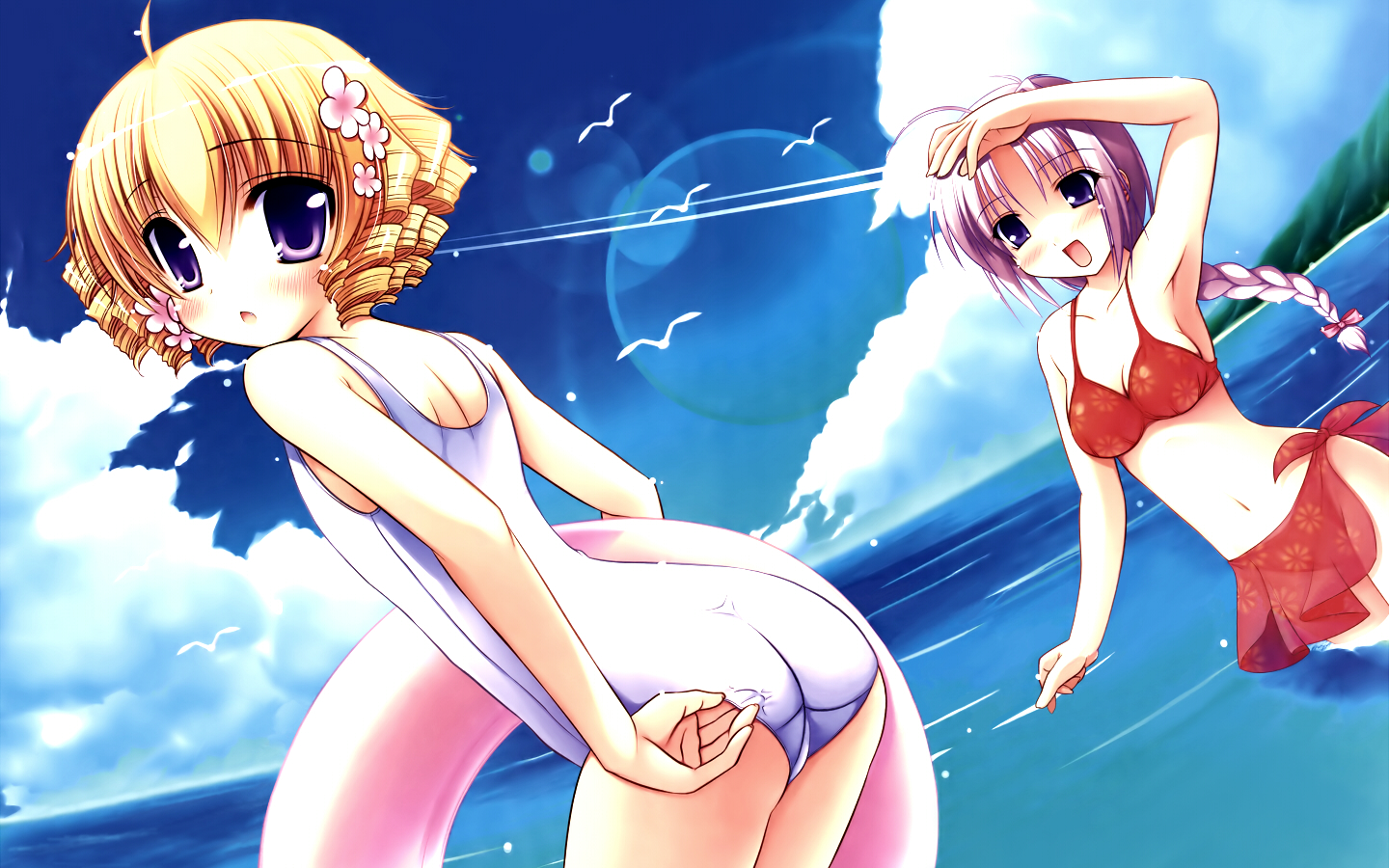 blonde_hair, blush, inugahora_an, purple_eyes, purple_hair, short_hair, swim_ring, swimsuit, tsunaban_rabumikusu, tsunagaru★bangle, tsunomiya_shizuku