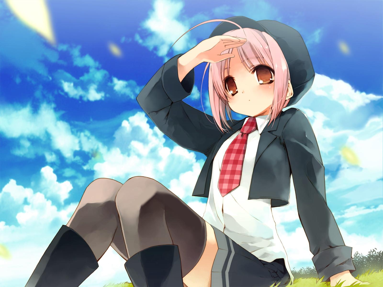 akino_momiji, brown_eyes, clouds, grass, hat, pink_hair, sakura_musubi, school_uniform