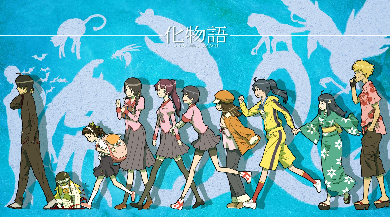 araragi_karen, araragi_koyomi, araragi_tsukihi, bakemonogatari, bike_shorts, black_hair, blonde_hair, bondage
