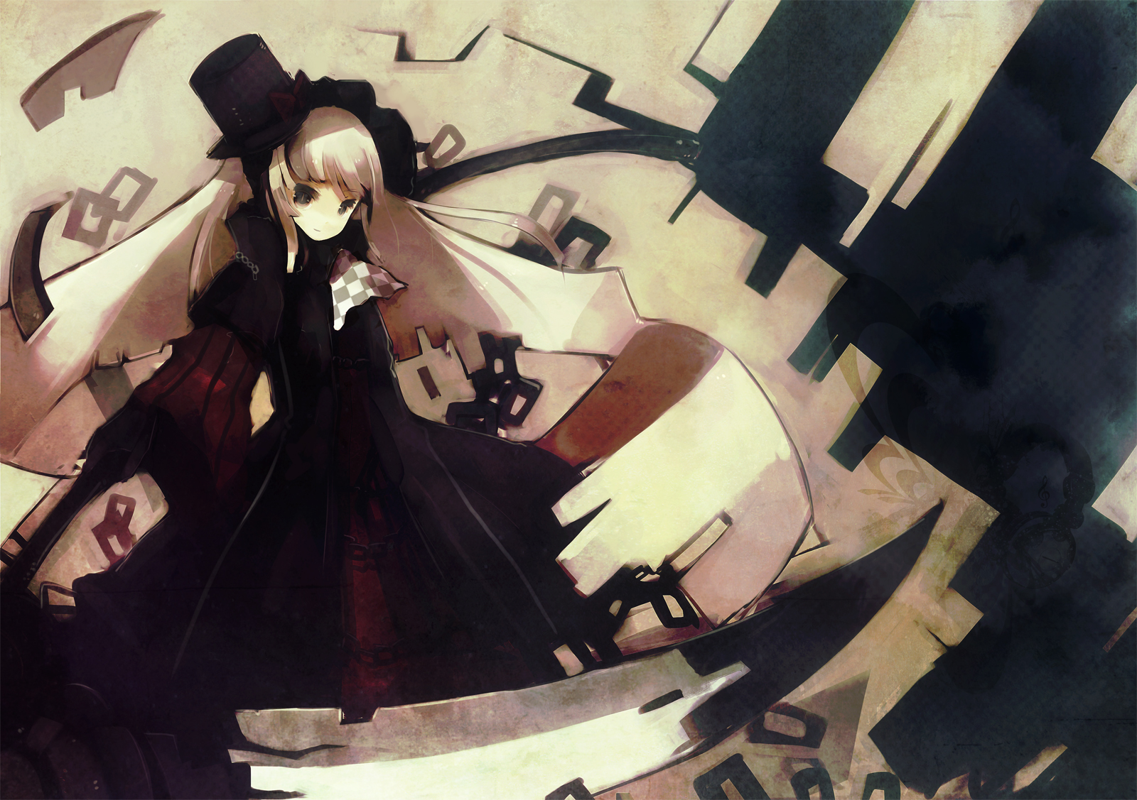 blonde_hair, dress, hat, long_hair, nekotewi, original, scythe, weapon