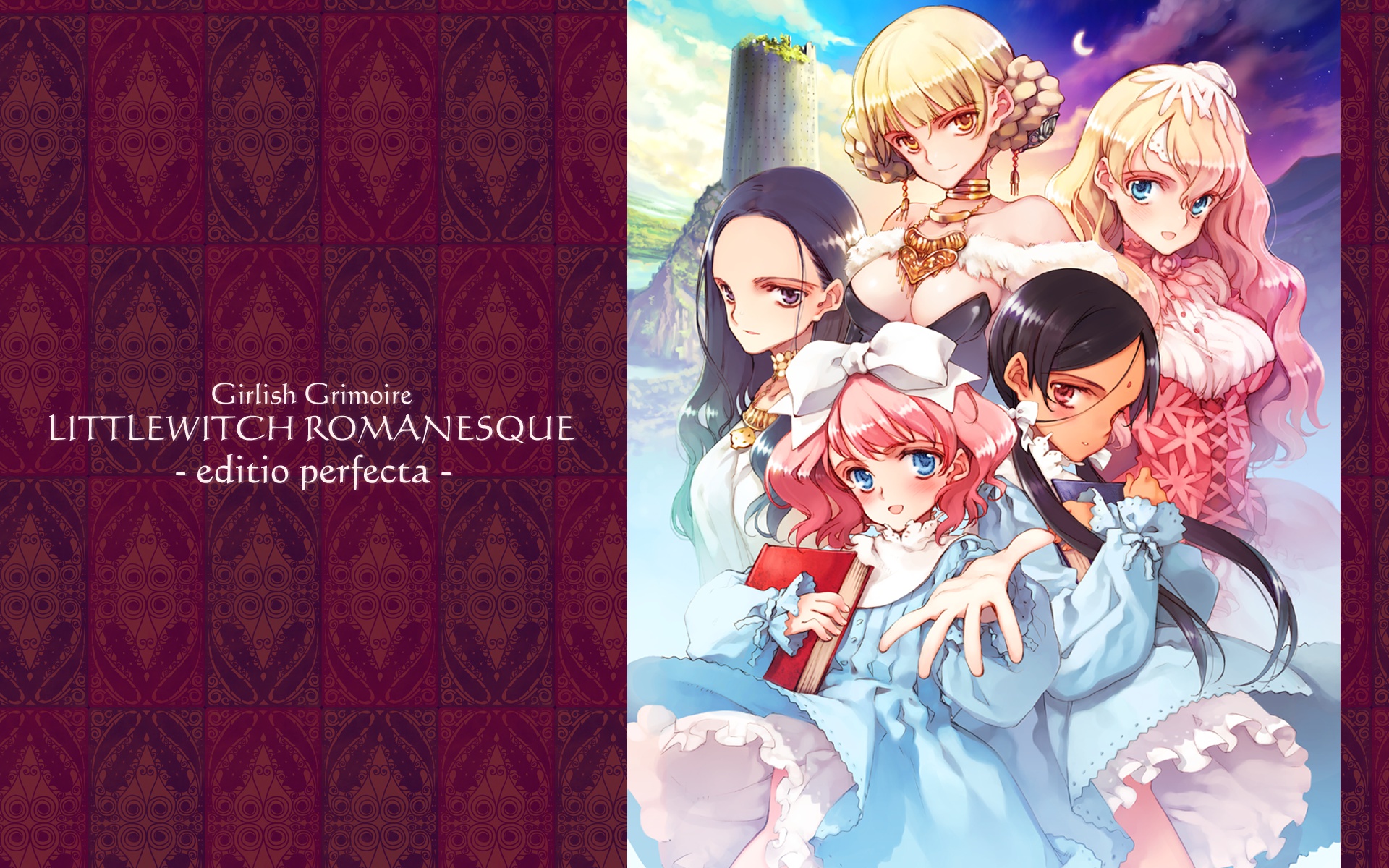 aria_vancleef, black_hair, blonde_hair, blue_eyes, blue_hair, breasts, cleavage, dress, fianna_mellowa, kaya_xavier, lolita_fashion, long_hair, no_bra, olga_klose, olivia, oyari_ashito, pink_hair, purple_eyes, red_eyes, short_hair, shoujo_mahou_gaku_little_witch_romanesque, twintails, yellow_eyes