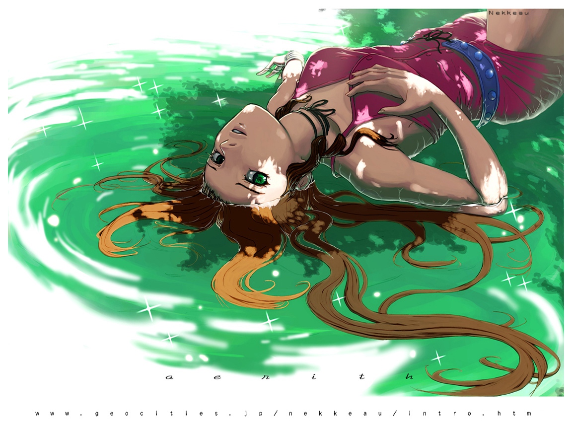 aerith_gainsborough, brown_hair, final_fantasy, final_fantasy_vii, green_eyes, long_hair, nekkeau, water