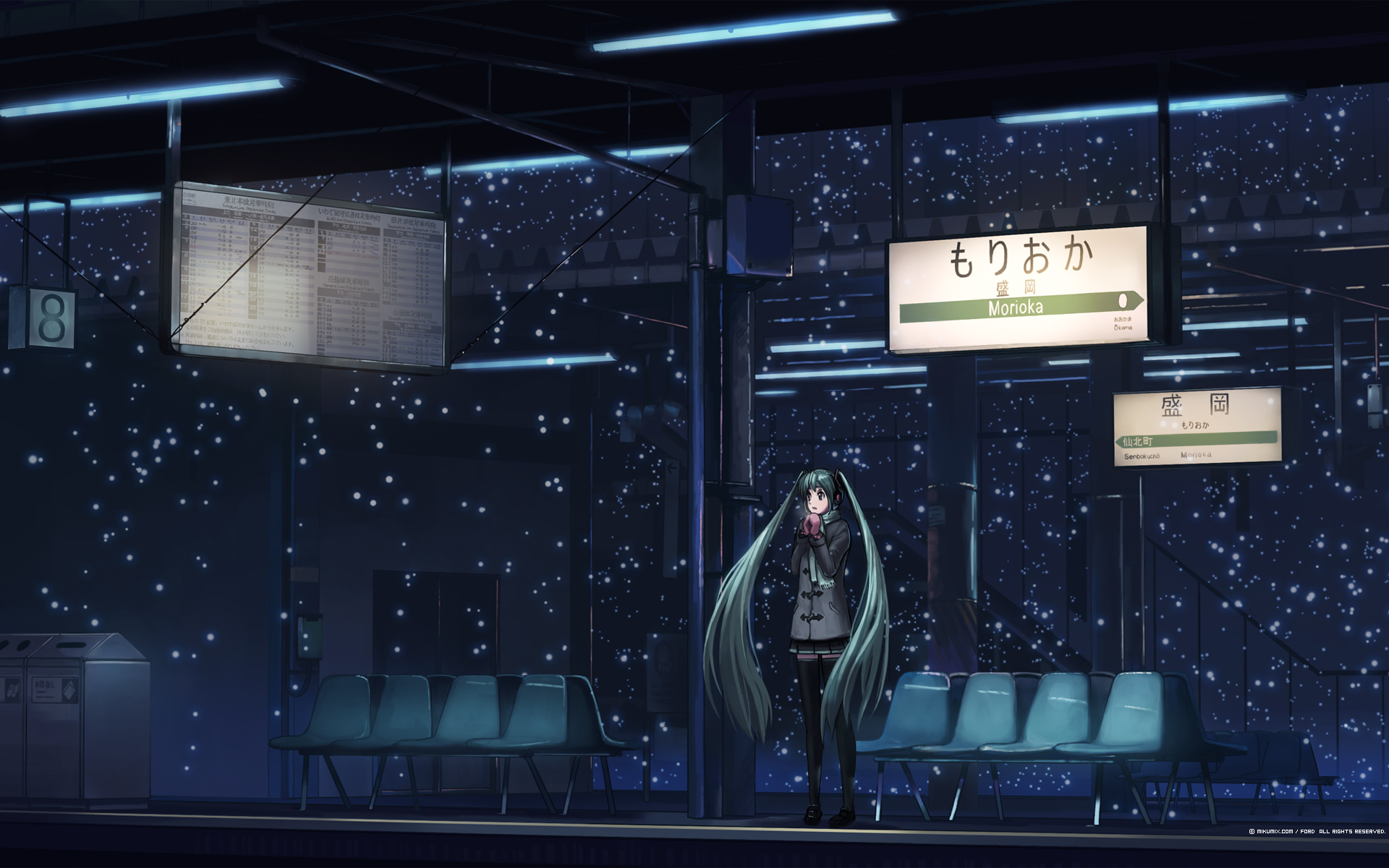 fo~do, hatsune_miku, mikumix, night, snow, twintails, vocaloid, winter