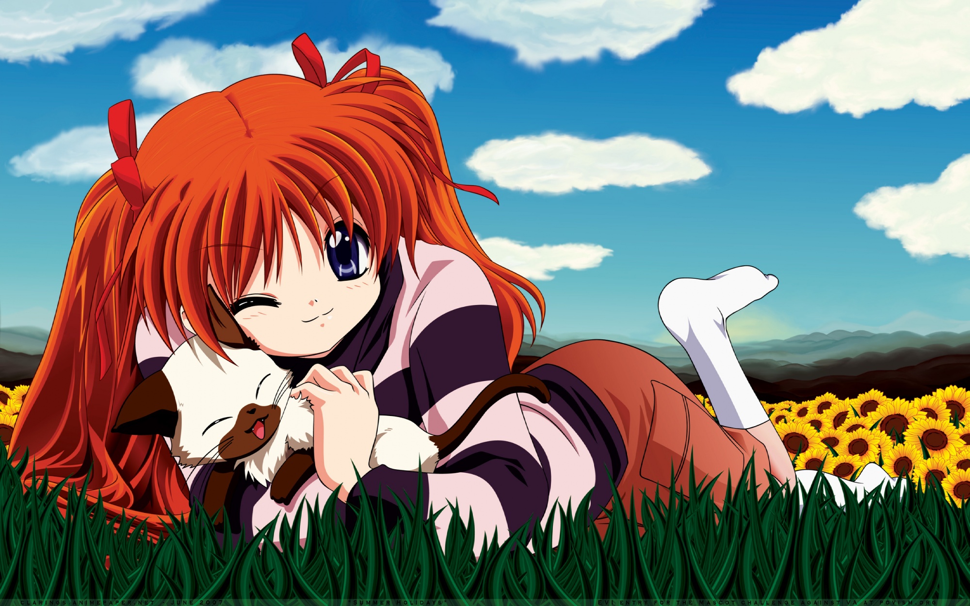 animal, blue_eyes, cat, grass, kanon, orange_hair, piro, sawatari_makoto
