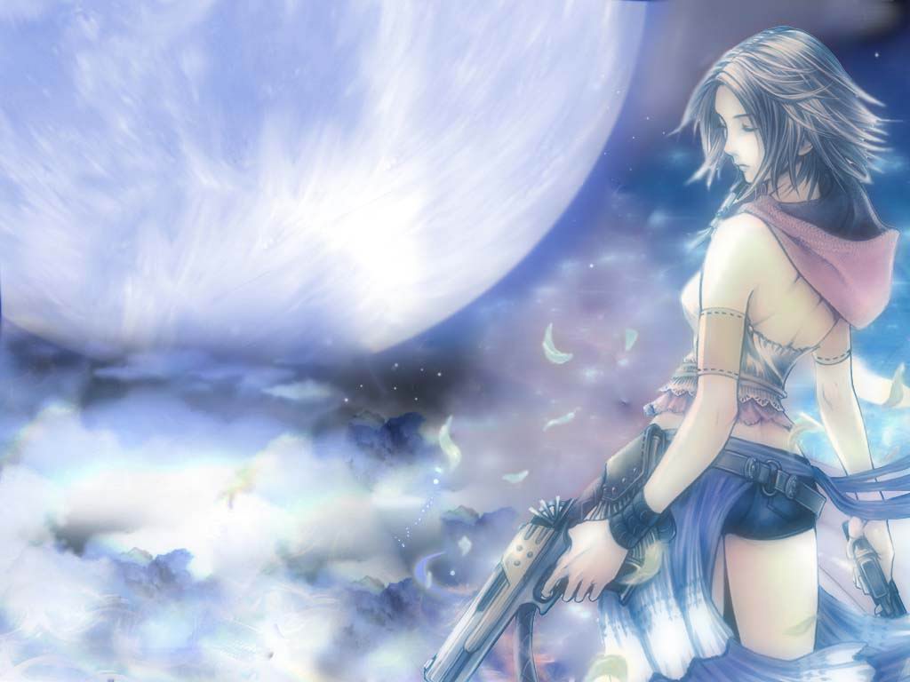 ass, brown_hair, clouds, feathers, final_fantasy, final_fantasy_x, final_fantasy_x-2, gun