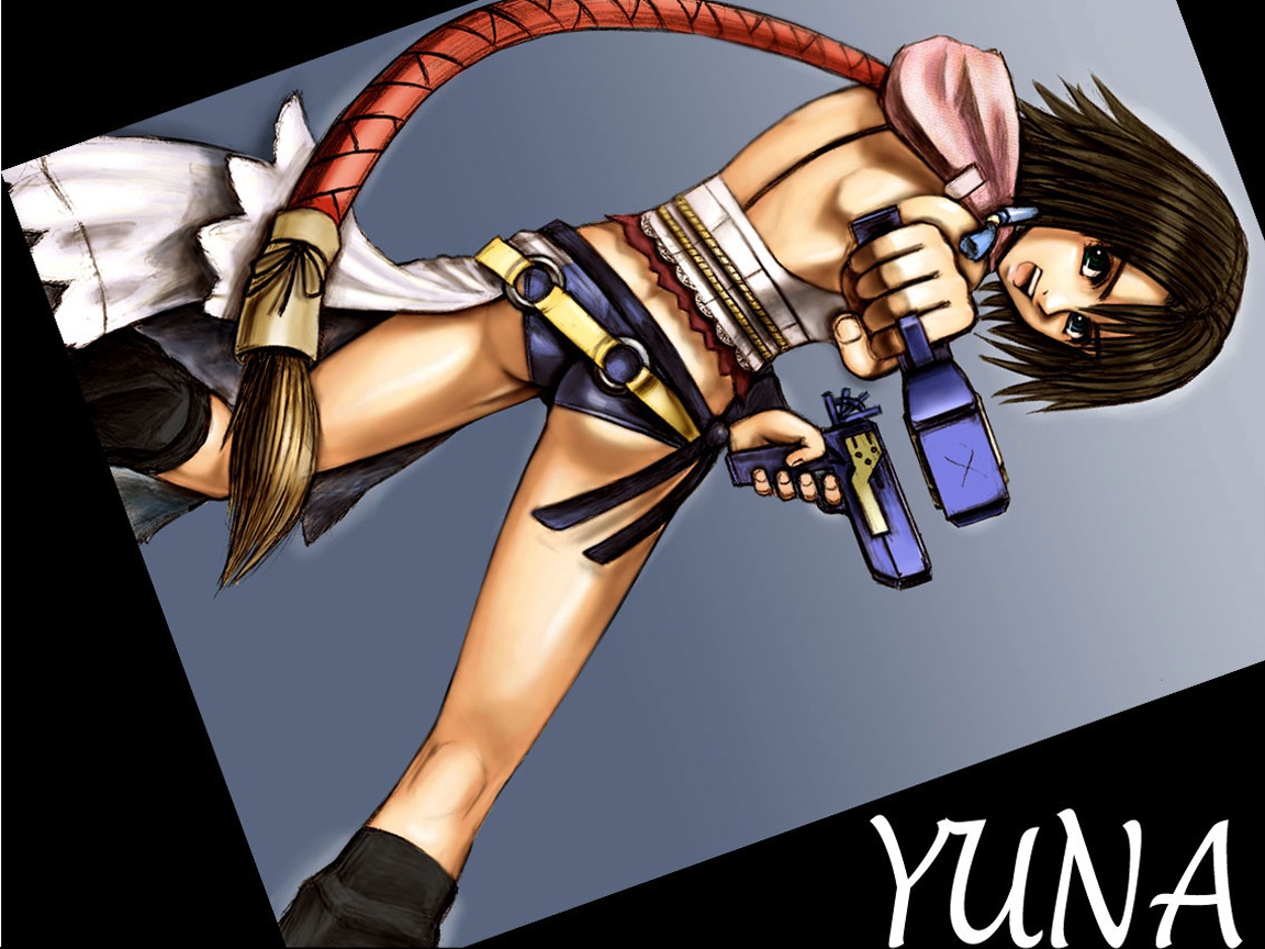 ass, blue_eyes, brown_hair, final_fantasy, final_fantasy_x, final_fantasy_x-2, green_eyes, gun