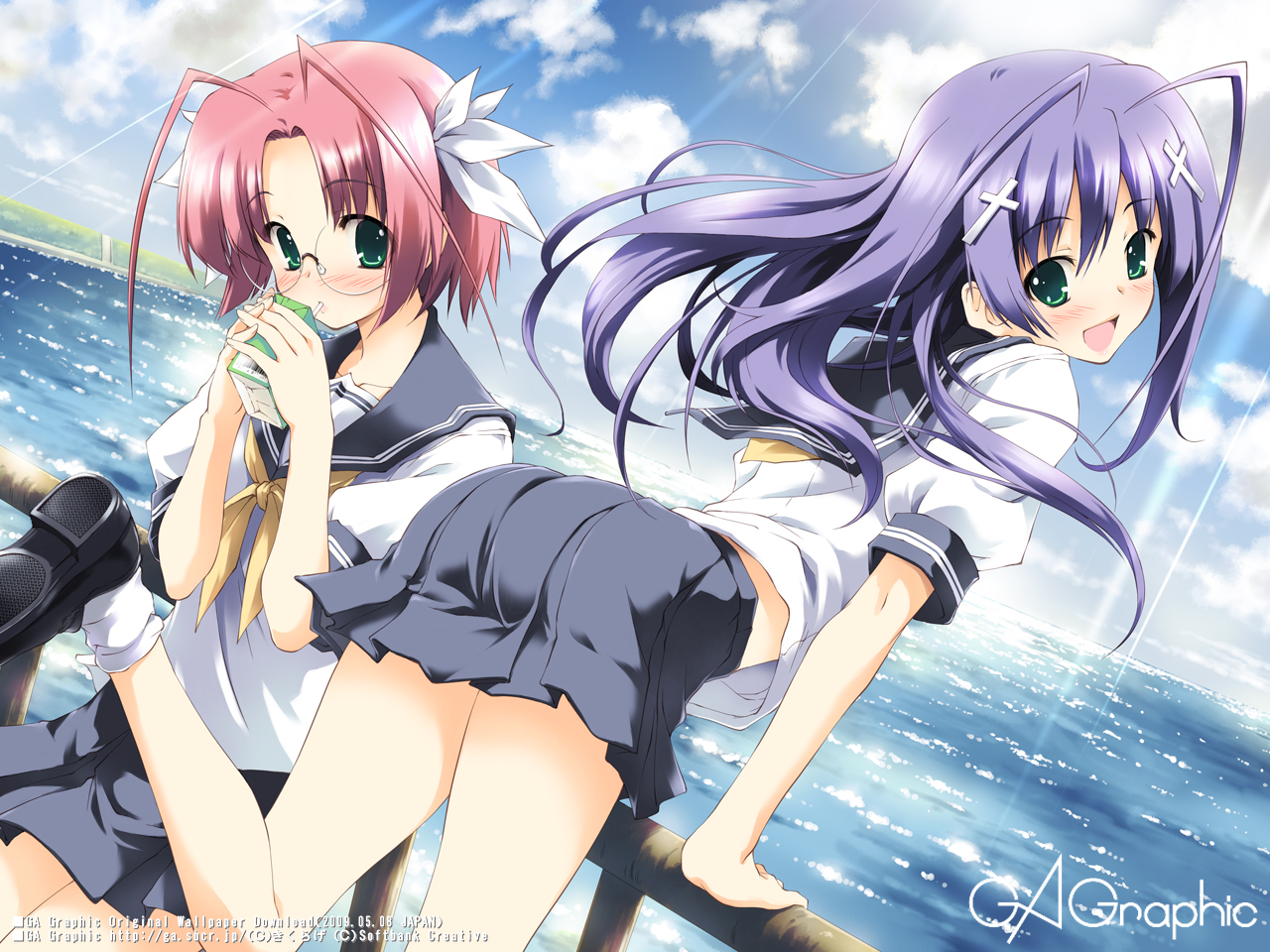 2girls, blush, gagraphic, glasses, kikurage, logo, school_uniform, watermark