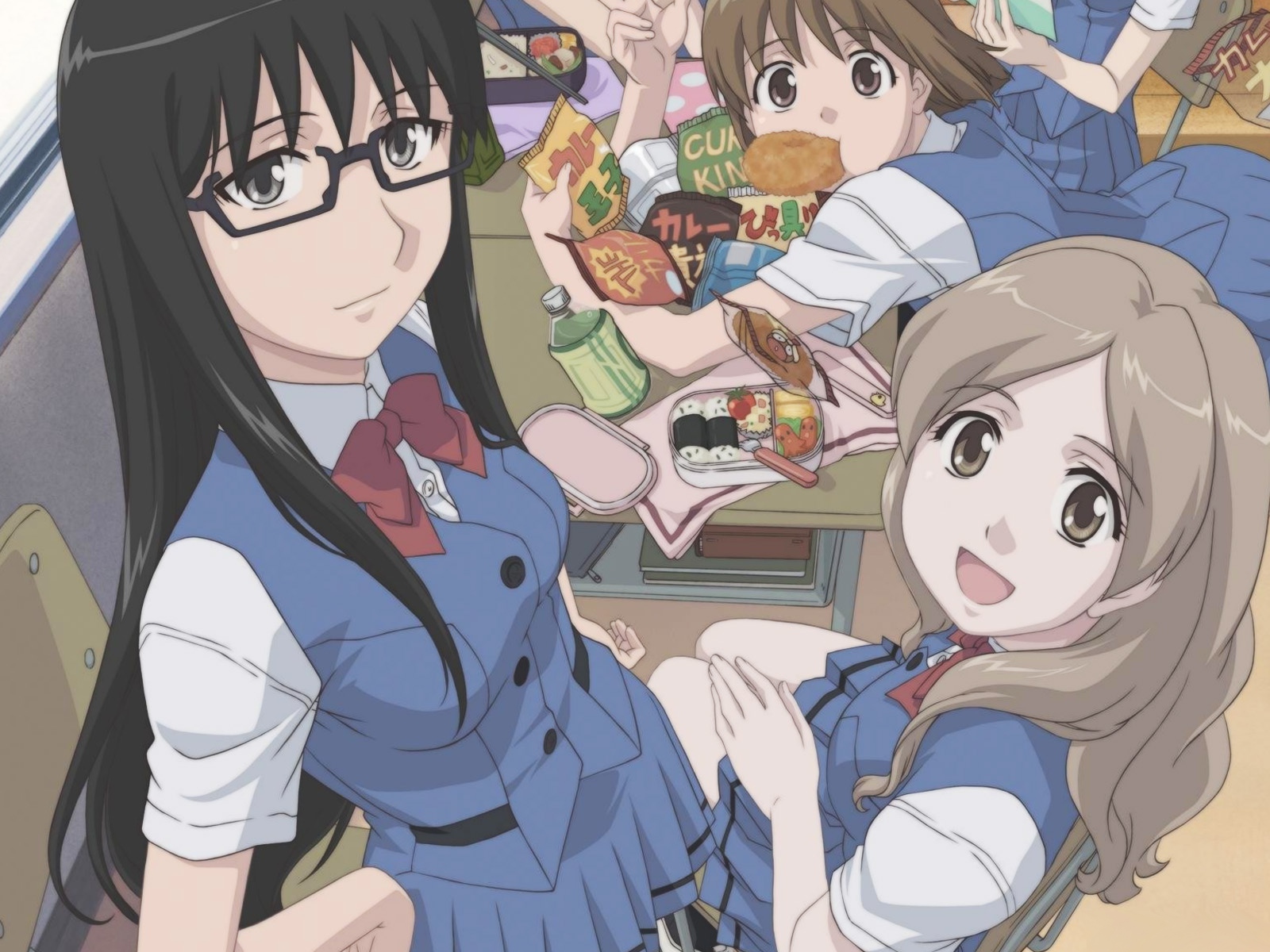 food, glasses, sasameki_koto, school_uniform, sumika_murasame, torioi_kiyori, ushio_kazama