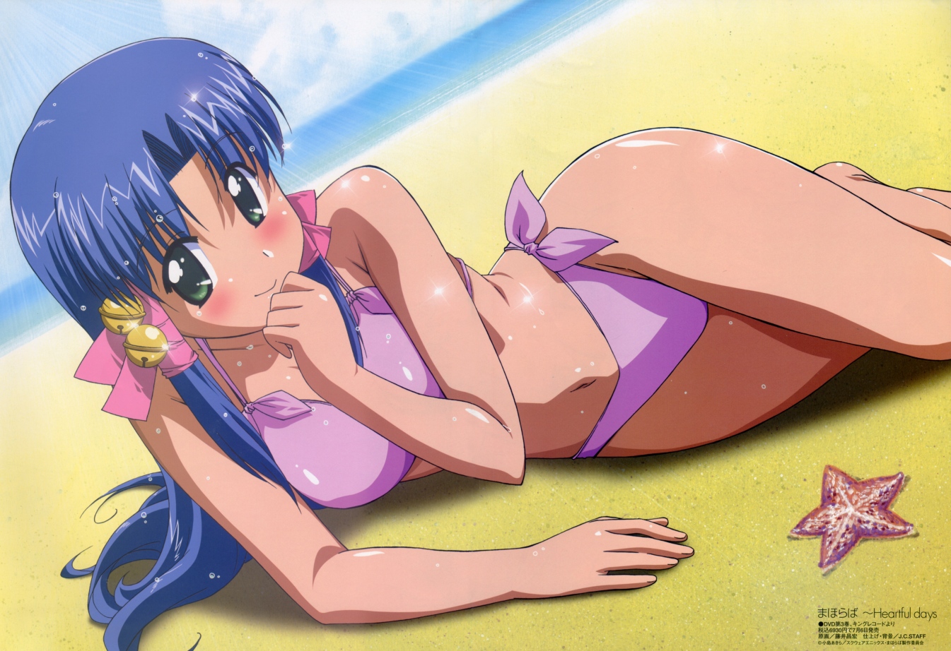 aoba_kozue, beach, bikini, fujii_masahiro, green_eyes, mahoraba_heartful_days, ribbons, swimsuit, water, wet