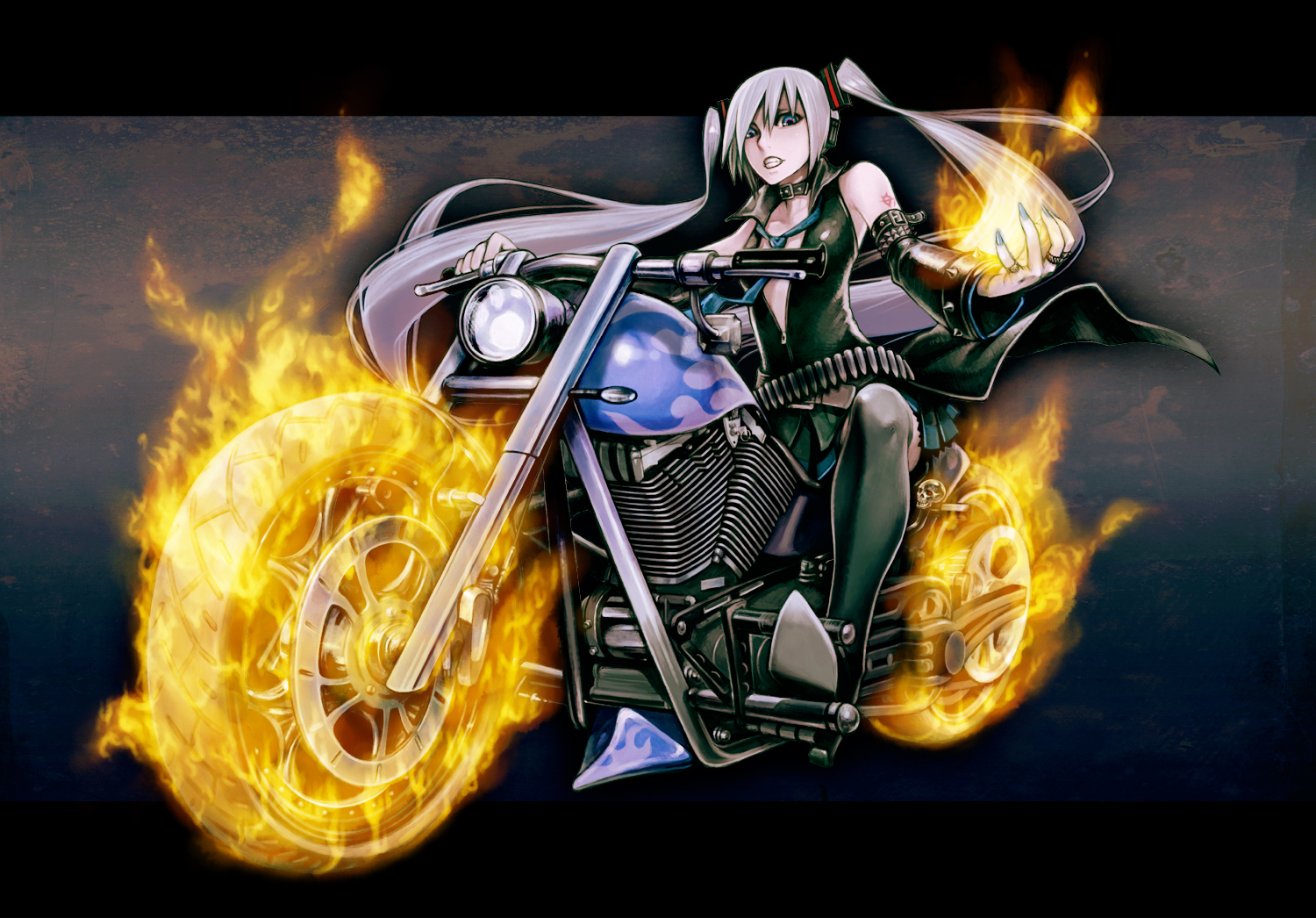 blue_eyes, collar, fire, gray_hair, hagane_miku, long_hair, motorcycle, open_shirt