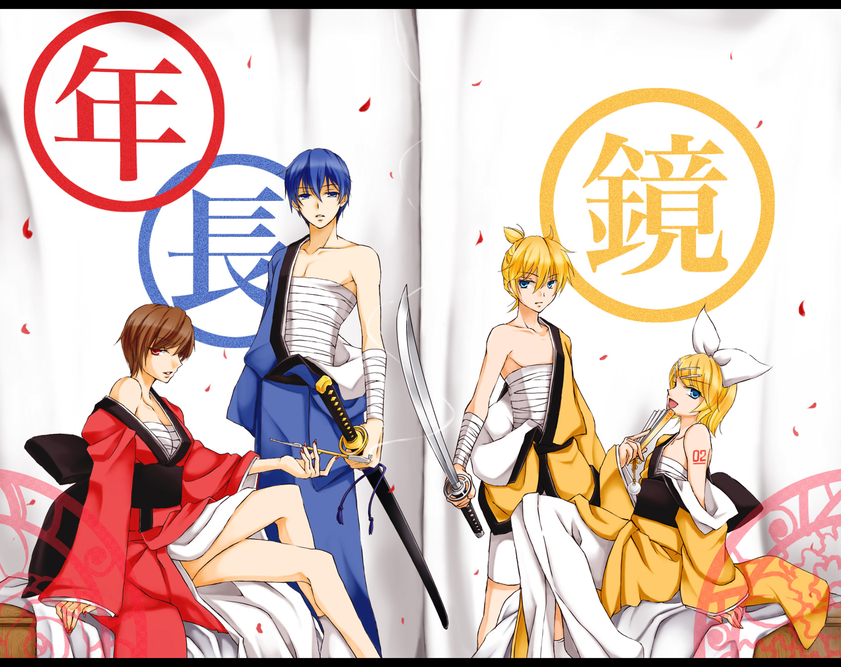 group, japanese_clothes, kagamine_len, kagamine_rin, kaito, katana, male, meiko, sarashi, short_hair, sorano_namida, sword, underwear, vocaloid, weapon
