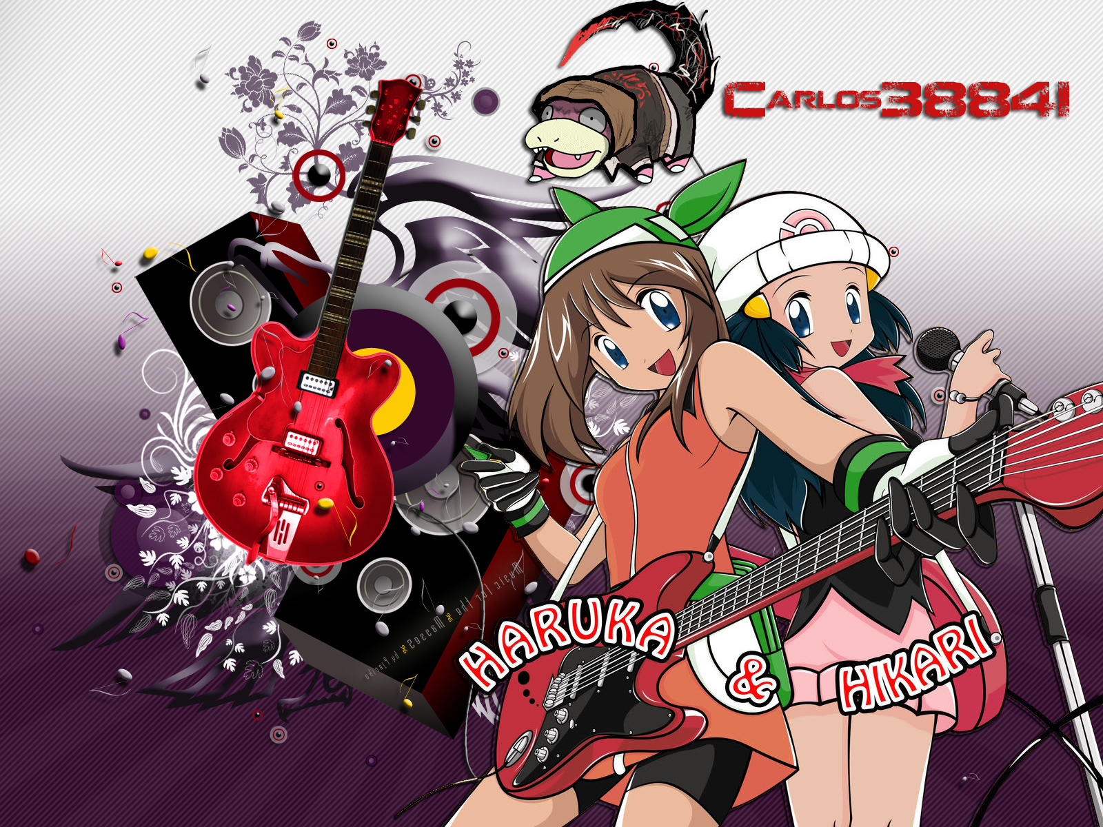 guitar, haruka_(pokemon), hikari_(pokemon), instrument, microphone, pokemon, slowpoke