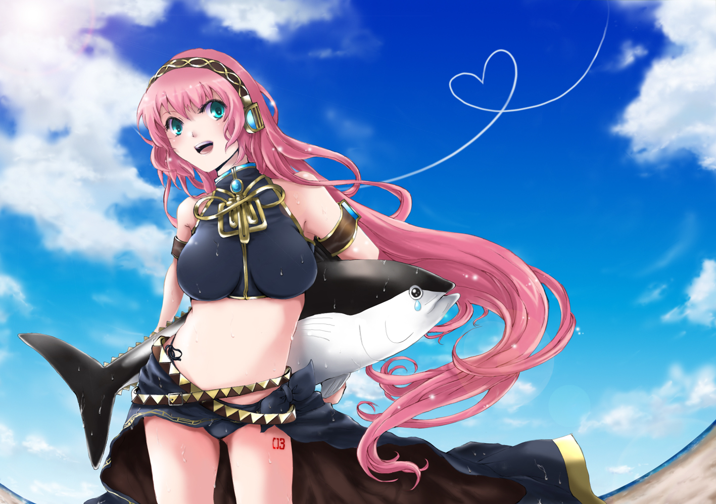 long_hair, megurine_luka, pink_hair, sky, tottsuan, vocaloid