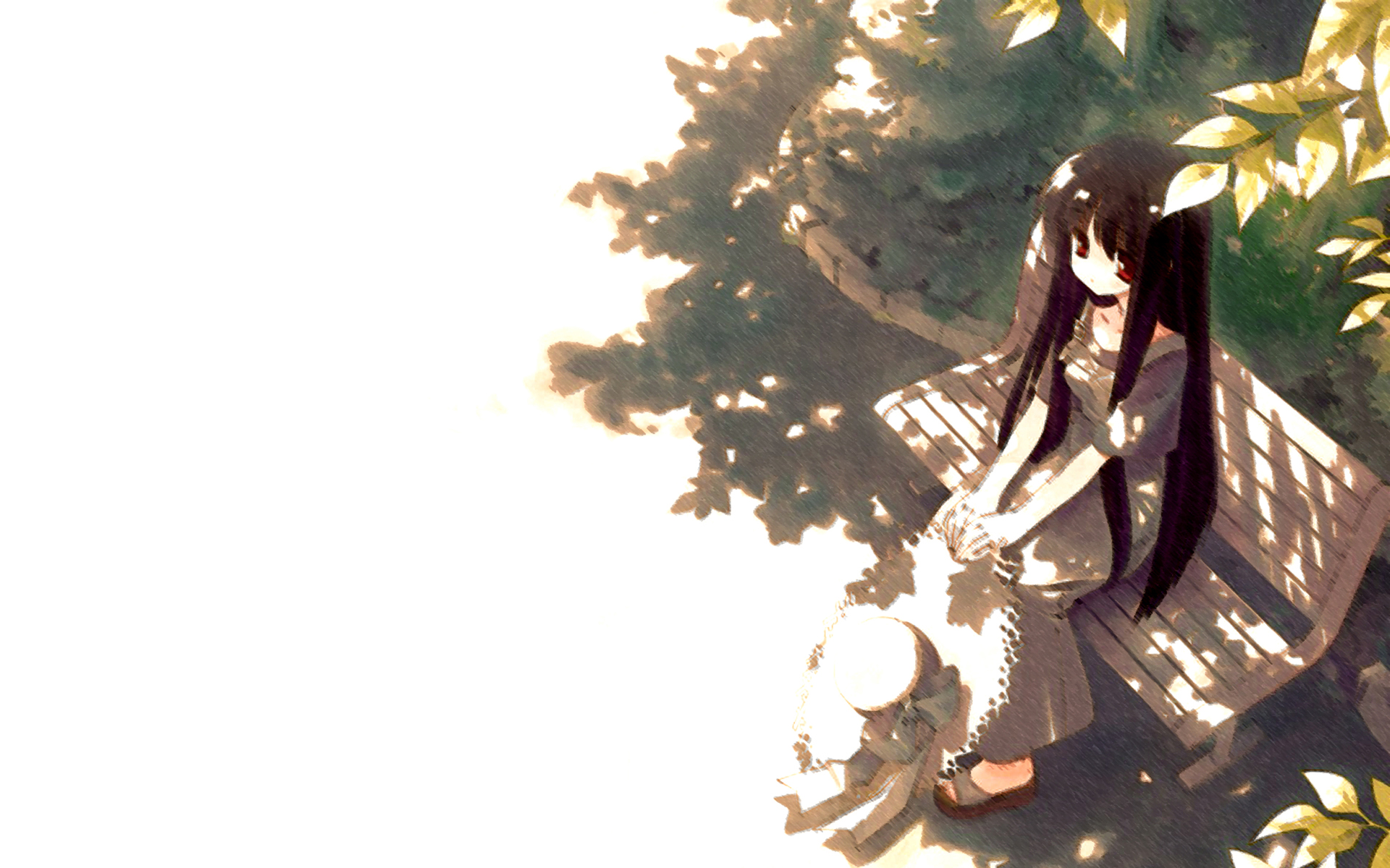 black_hair, bow, dress, gayarou, hat, leaves, long_hair, makino_nanami, red_eyes, suigetsu, tree