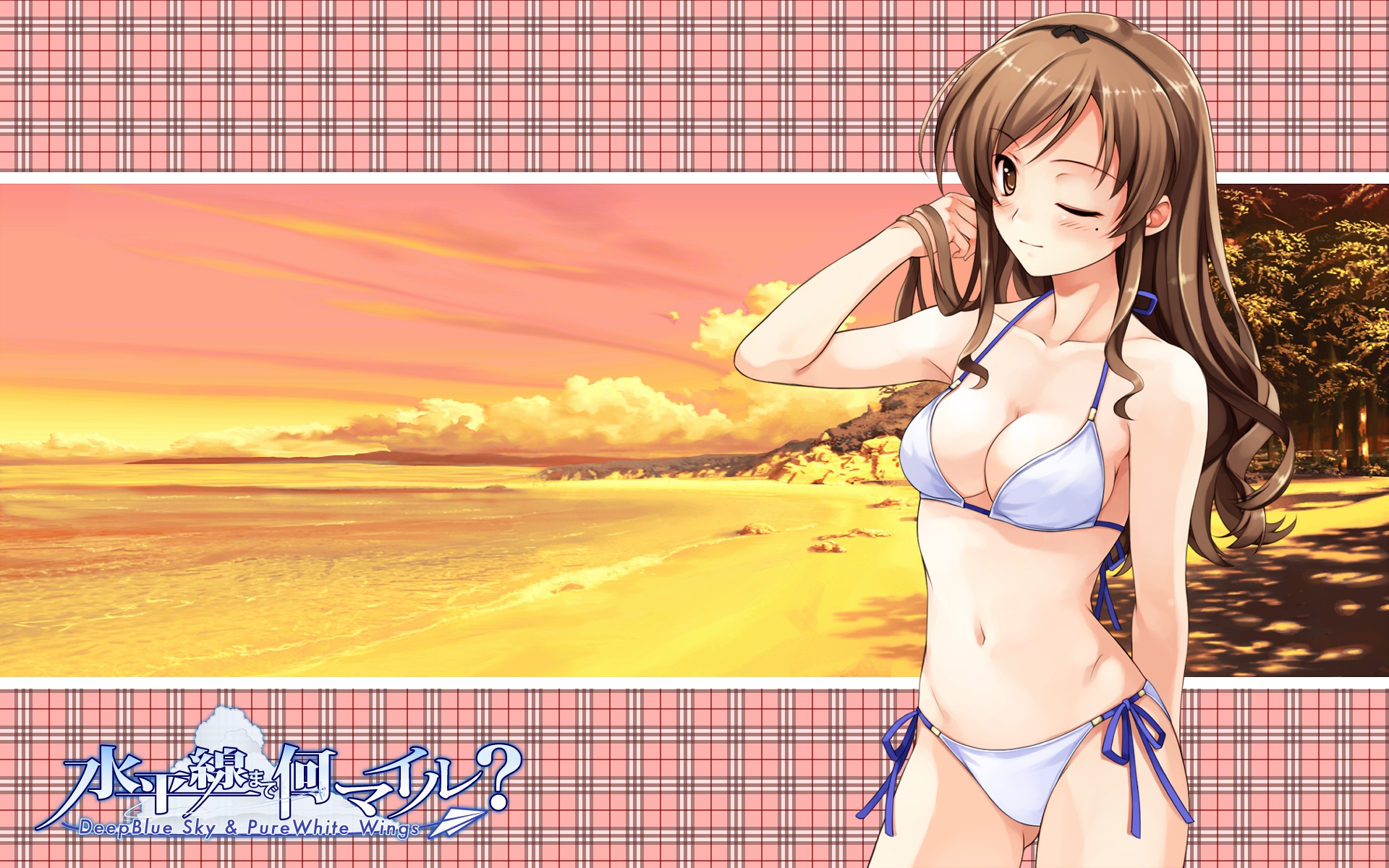 abhar, beach, bikini, blush, breasts, brown_eyes, brown_hair, cleavage
