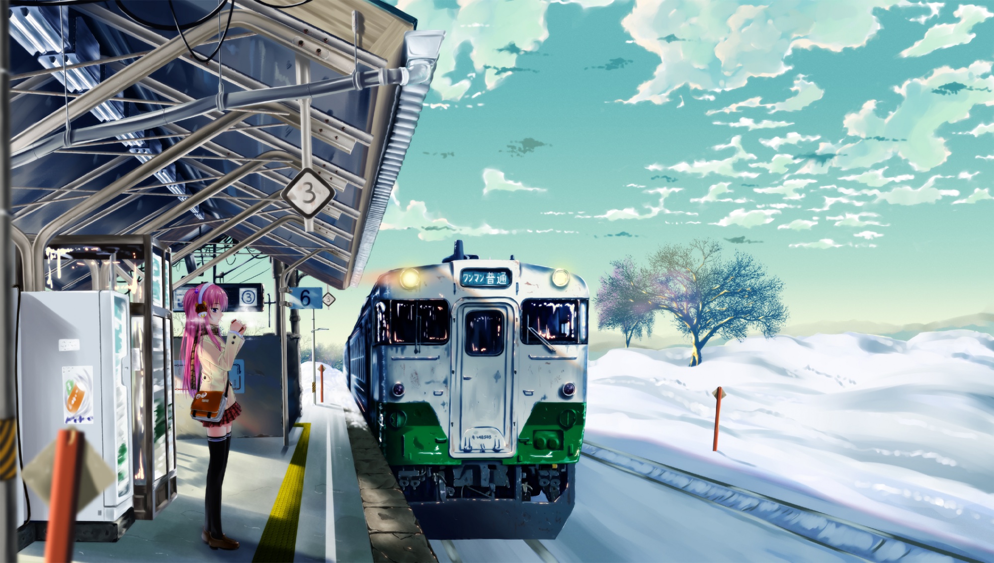 clouds, headphones, megurine_luka, pink_hair, rail_(silverbow), school_uniform, sky, snow, thighhighs, train, tree, vocaloid, winter, zettai_ryouiki