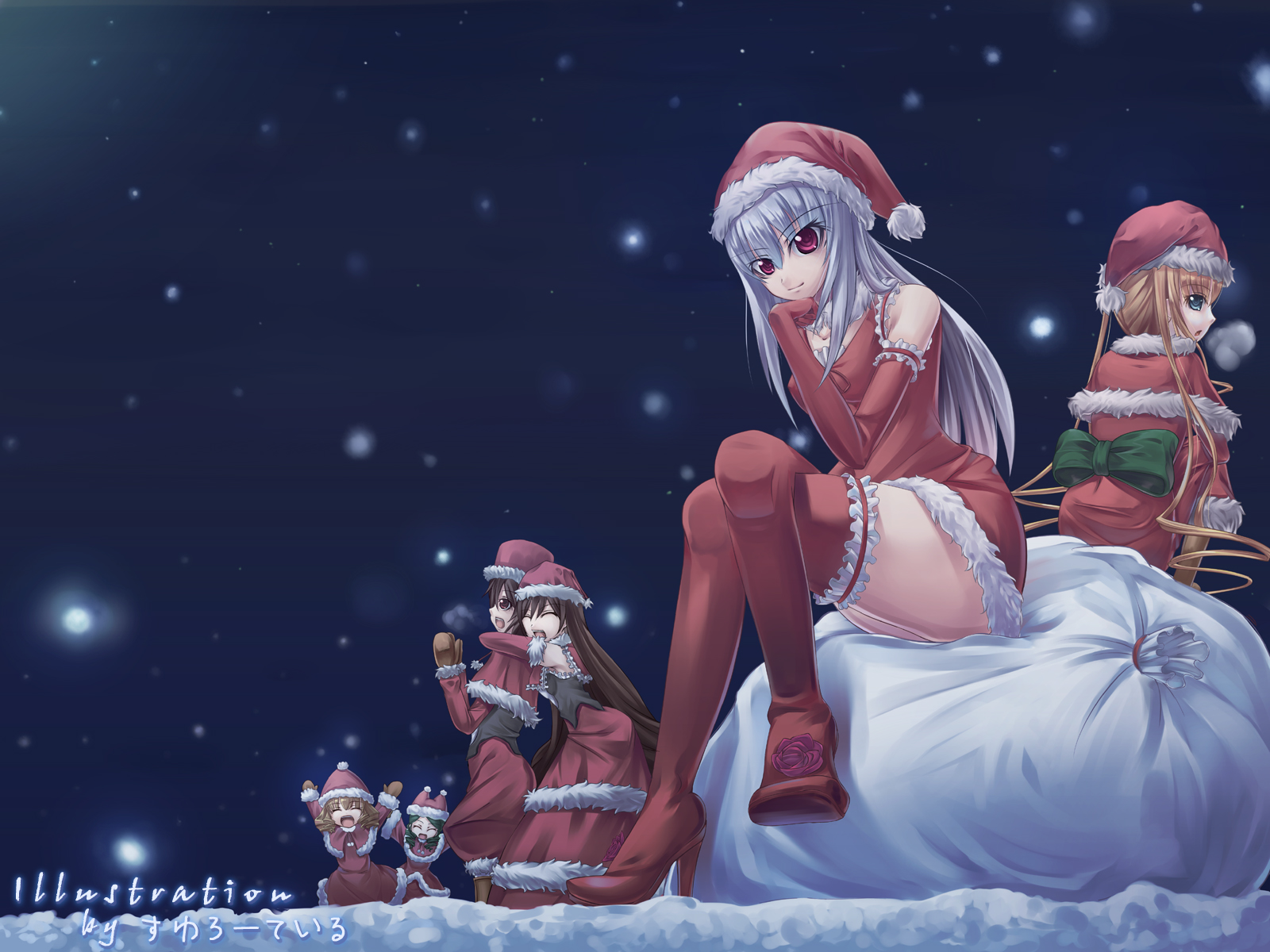 christmas, elbow_gloves, gloves, long_hair, night, rozen_maiden, santa_costume, shinku