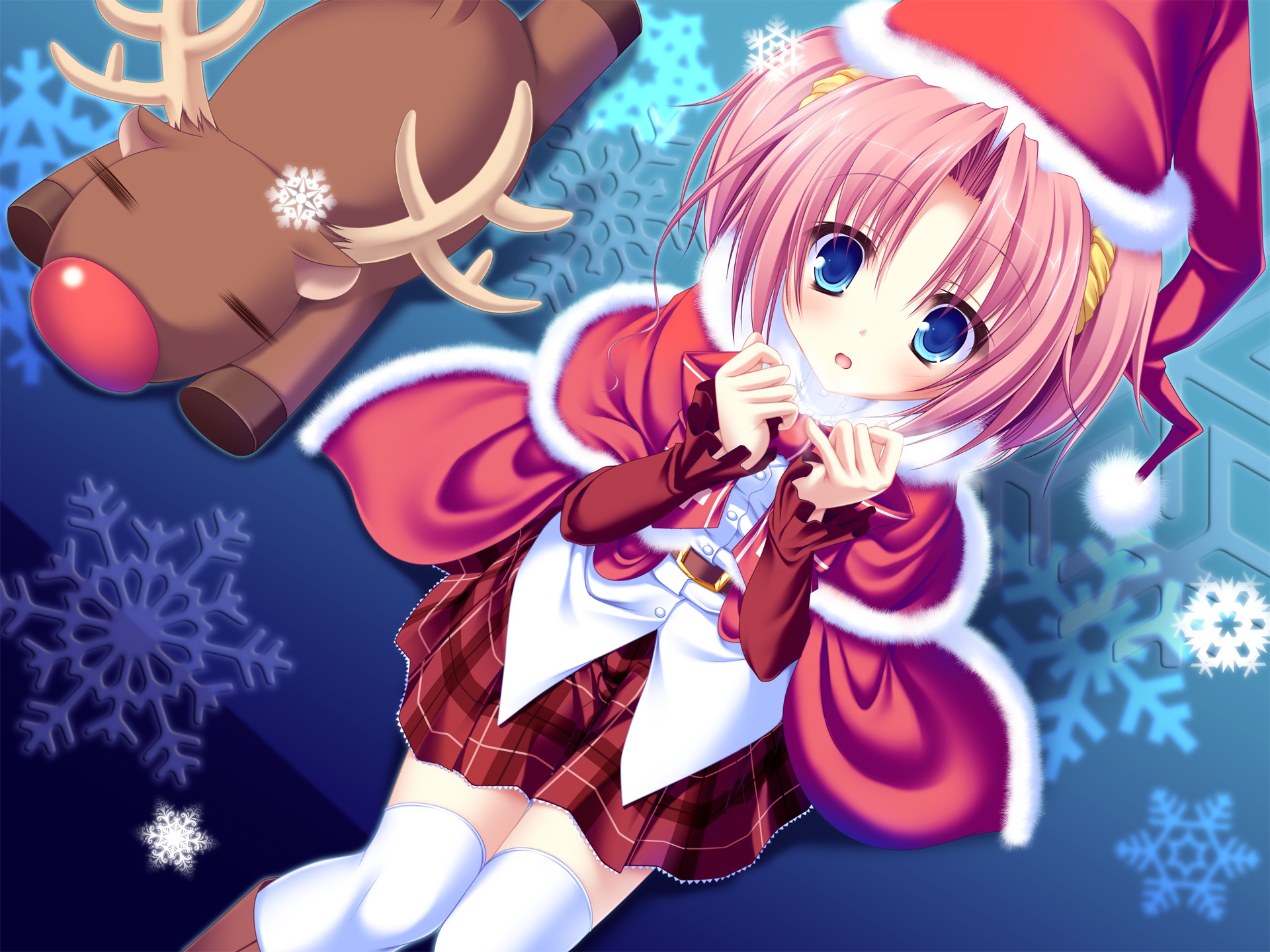 77, animal, blue_eyes, blush, christmas, hat, kazamai_sakura, mikagami_mamizu