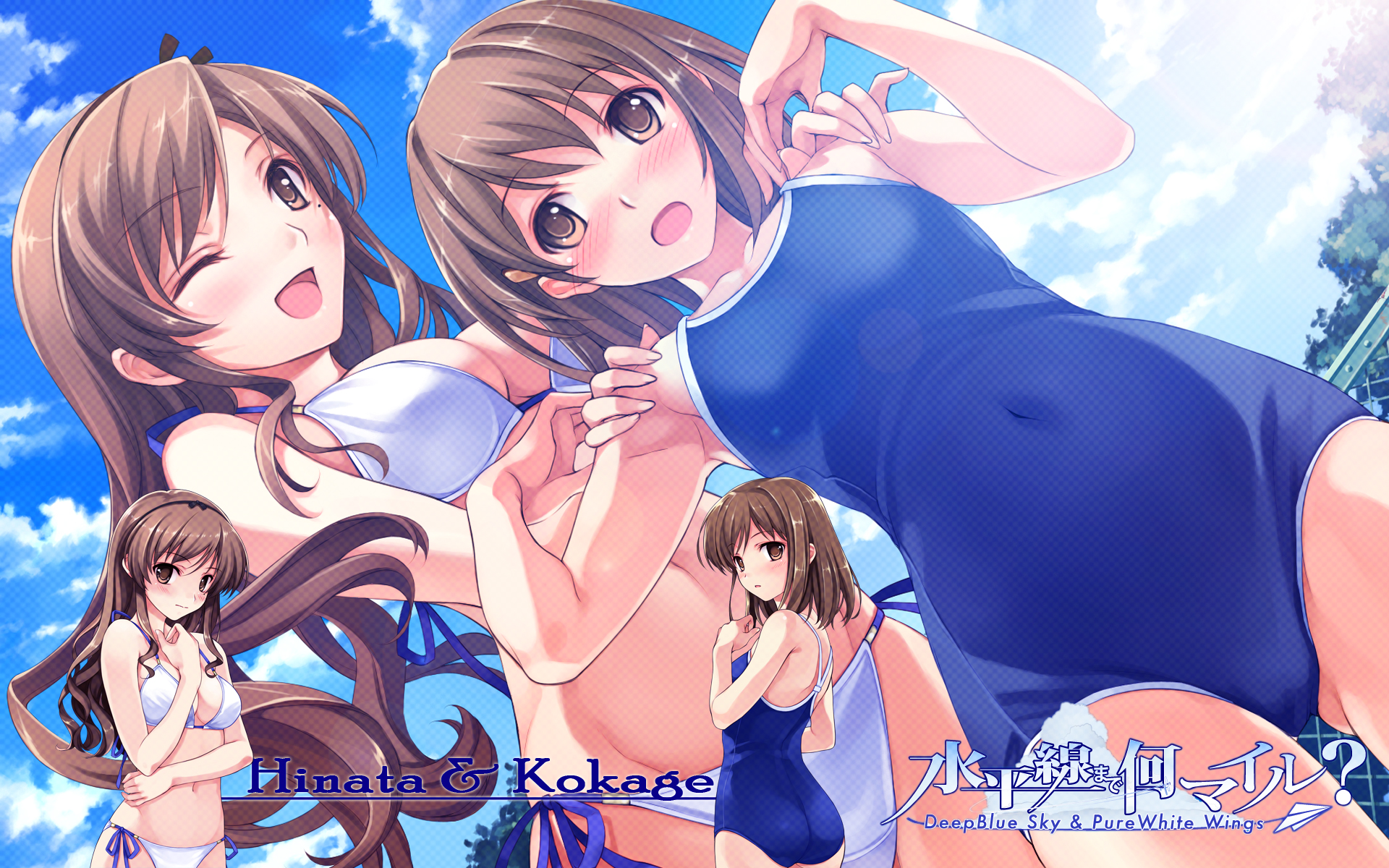 2girls, abhar, ass, bikini, blush, breasts, brown_eyes, brown_hair