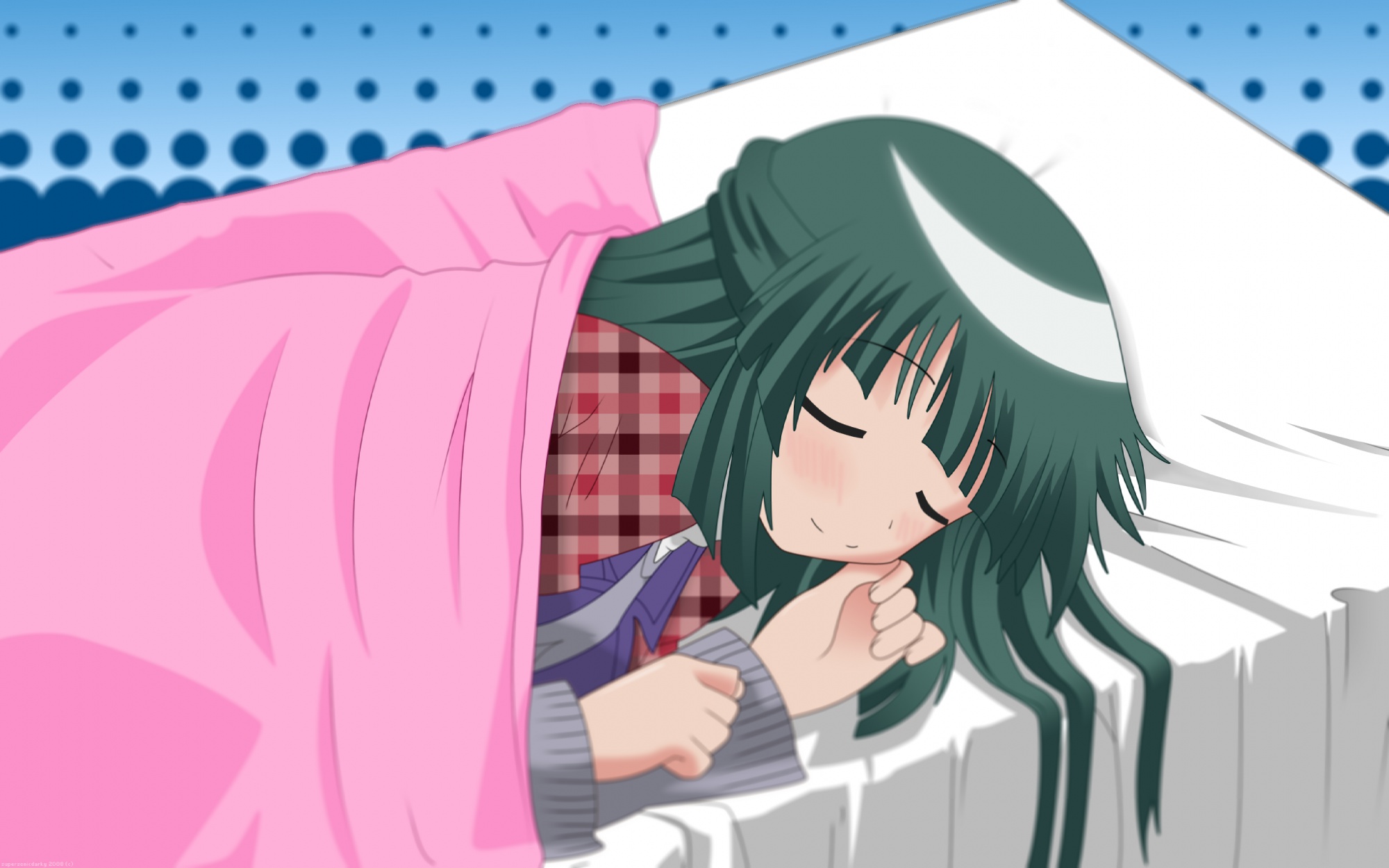 bed, green_hair, hidamari_sketch, long_hair, sleeping, supersonicdarky, yoshinoya-sensei
