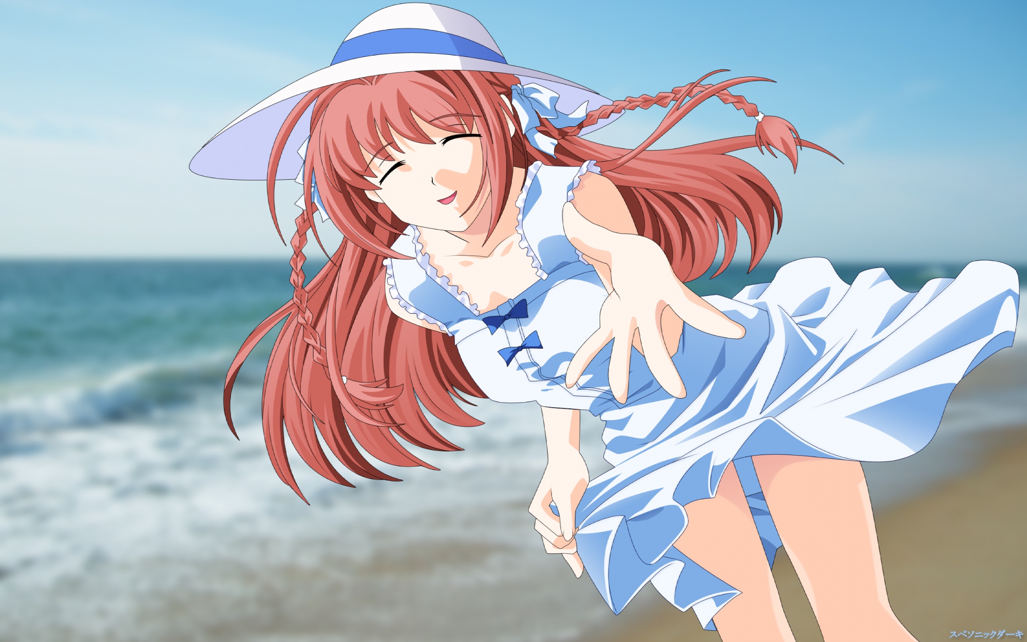 beach, braids, dress, hat, kimi_ga_nozomu_eien, long_hair, red_hair, ribbons, summer_dress, supersonicdarky, suzumiya_haruka, water
