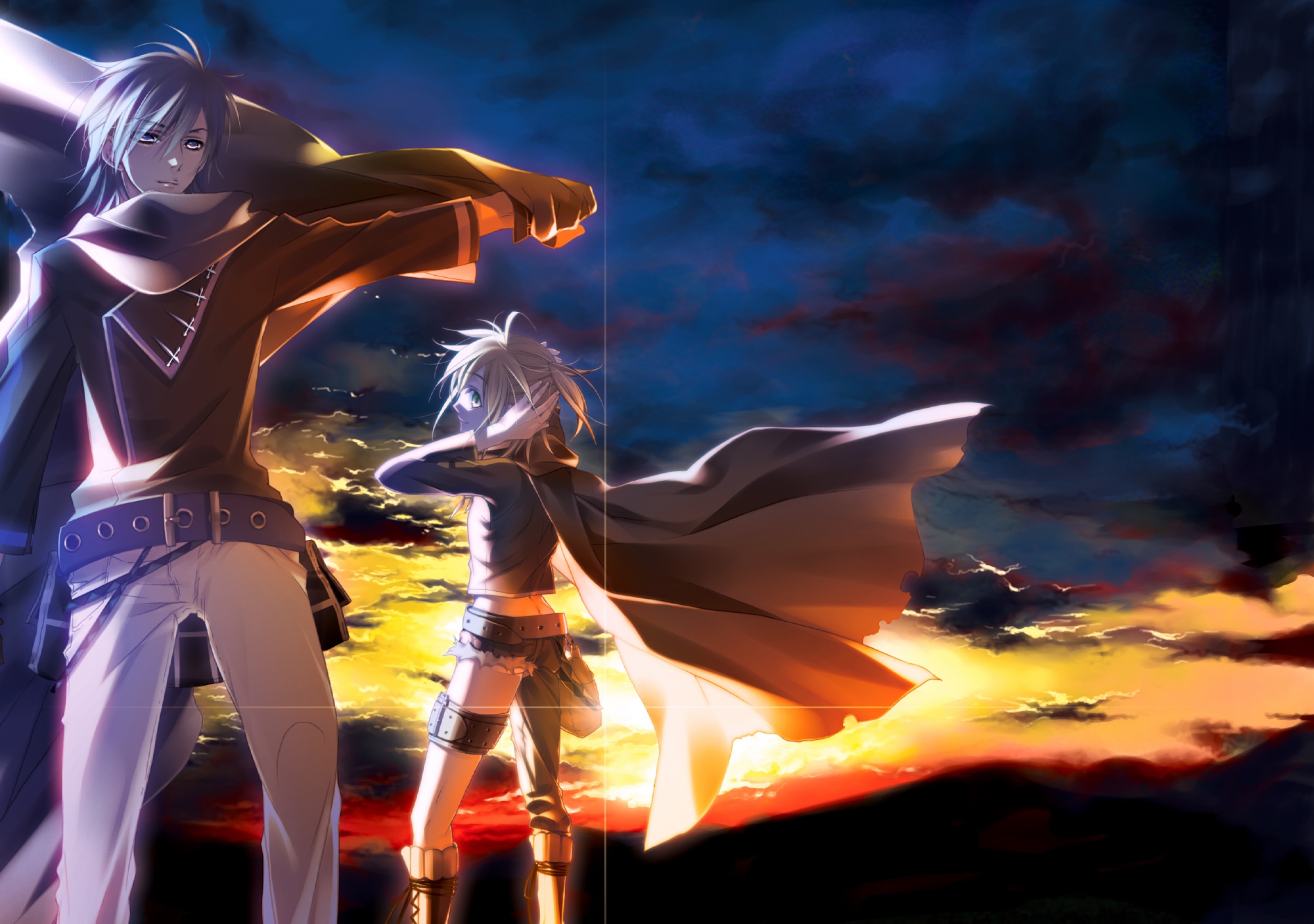 all_male, blonde_hair, blue_eyes, blue_hair, clouds, gloves, green_eyes, kagamine_len