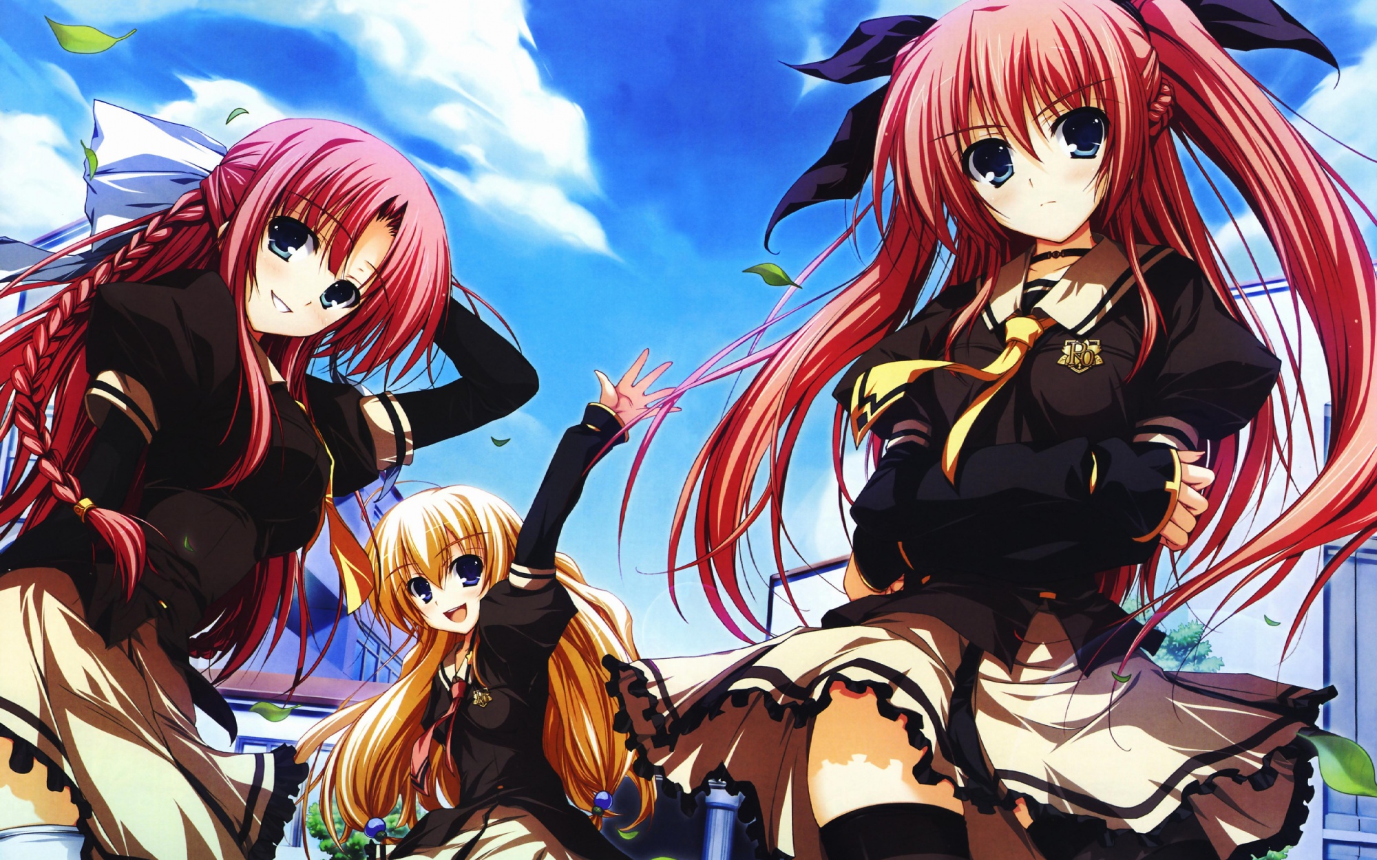 akatsuki_no_goei, blonde_hair, braids, clouds, kurayashiki_tae, long_hair, nikaido_reika, nikaidou_aya, pink_hair, school_uniform, sky, syangrila, thighhighs, tomose_shunsaku, twintails