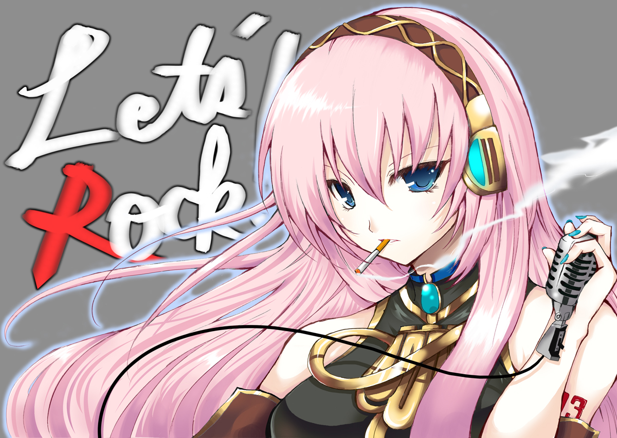 blue_eyes, cigarette, headphones, megurine_luka, microphone, pink_hair, vocaloid, yuki_mizore