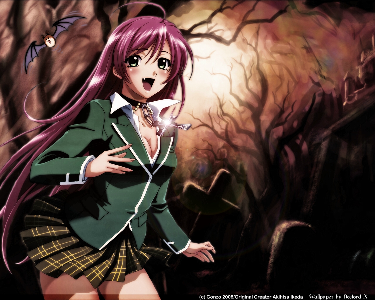 akashiya_moka, animal, bat, green_eyes, long_hair, pink_hair, rosario+vampire, school_uniform, signed