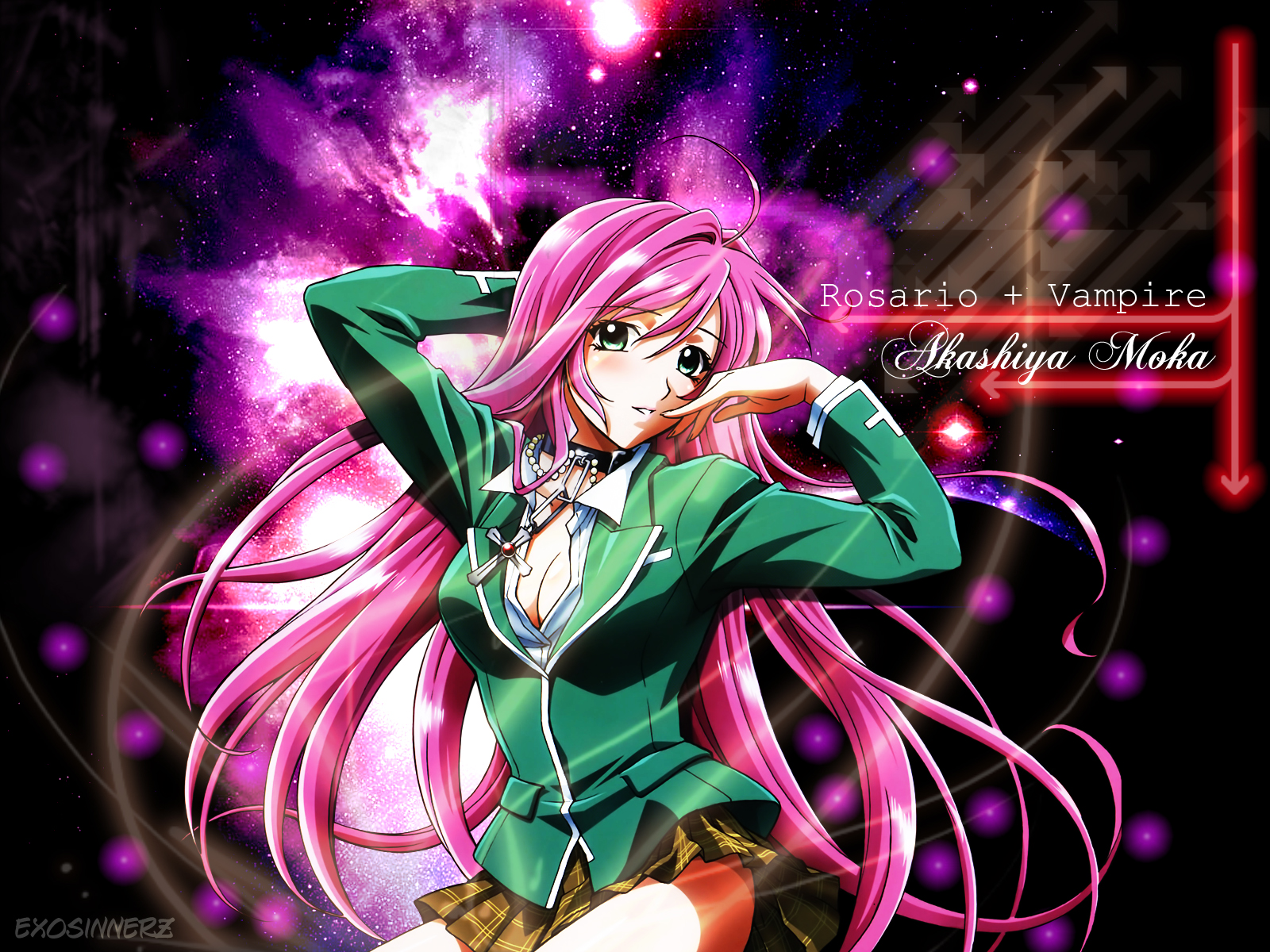 akashiya_moka, green_eyes, long_hair, pink_hair, rosario+vampire, school_uniform
