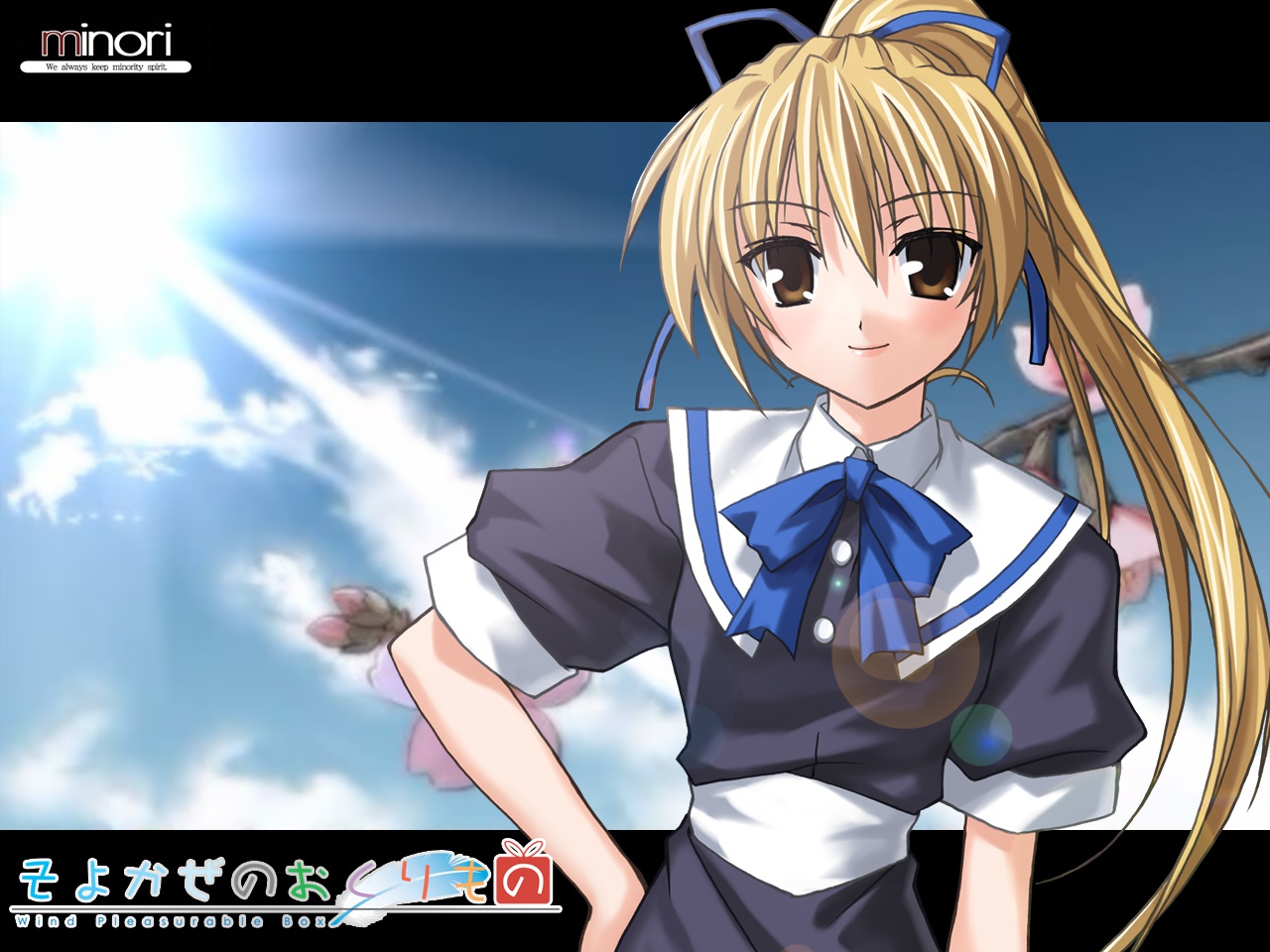 blonde_hair, brown_eyes, fujimiya_nozomi, ponytail, school_uniform, wind:_a_breath_of_heart