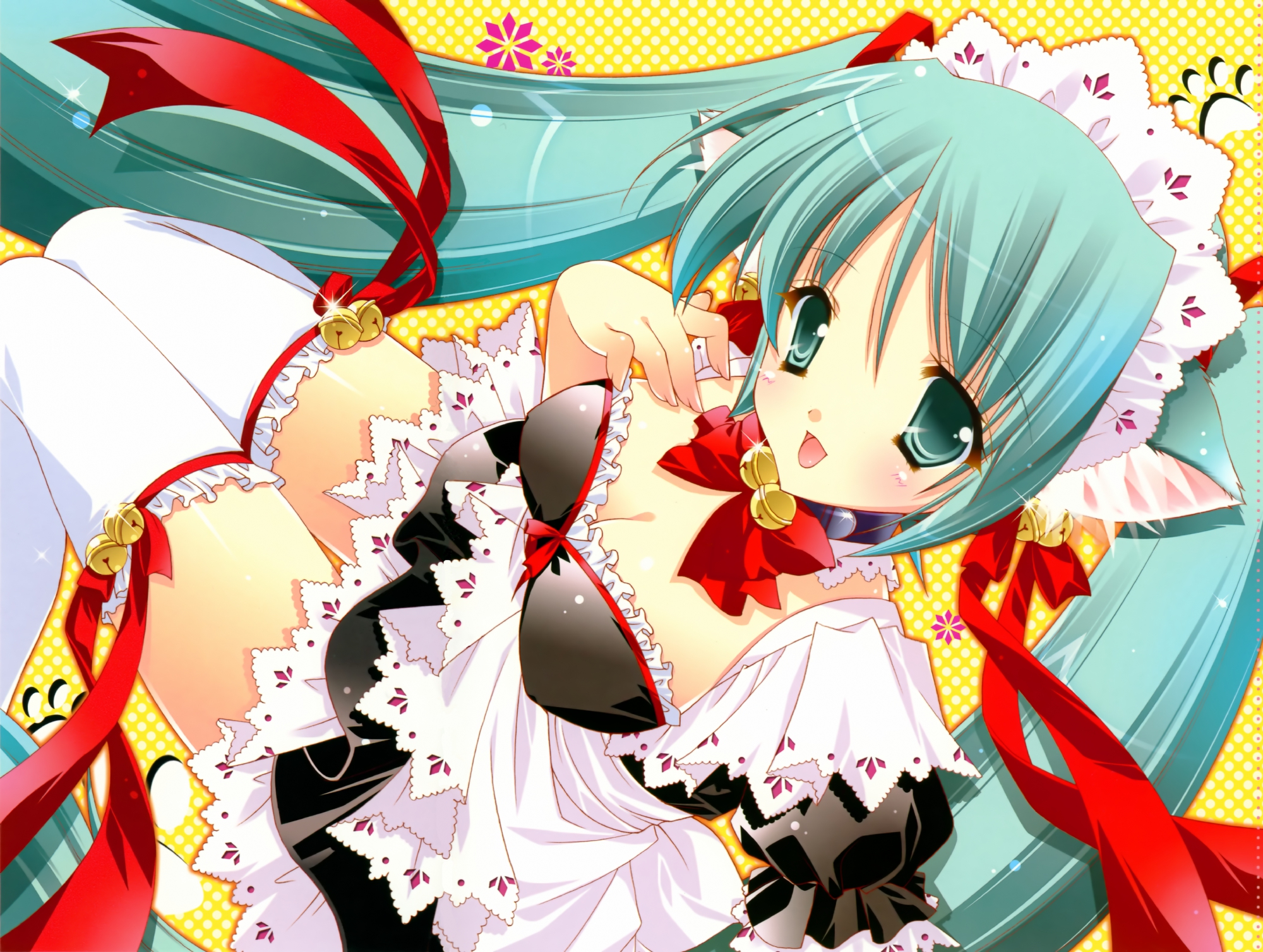 animal_ears, aqua_eyes, aqua_hair, bell, blush, bow, breasts, catgirl, cleavage, collar, hatsune_miku, headdress, long_hair, maid, ribbons, scan, shigunyan, thighhighs, twintails, vocaloid